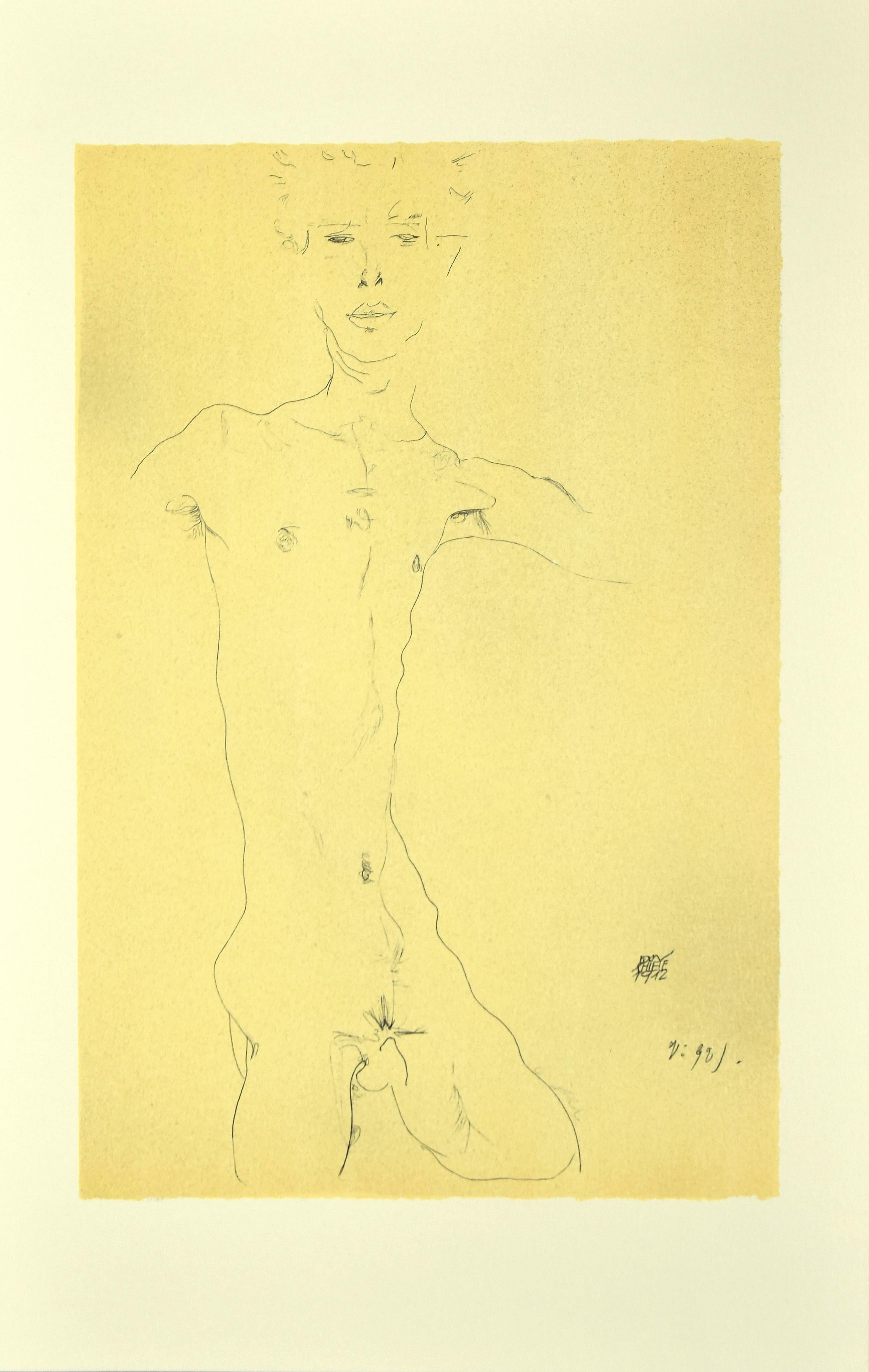 (after) Egon Schiele Nude Print - Standing Male Nude  - Original Lithograph after E. Schiele