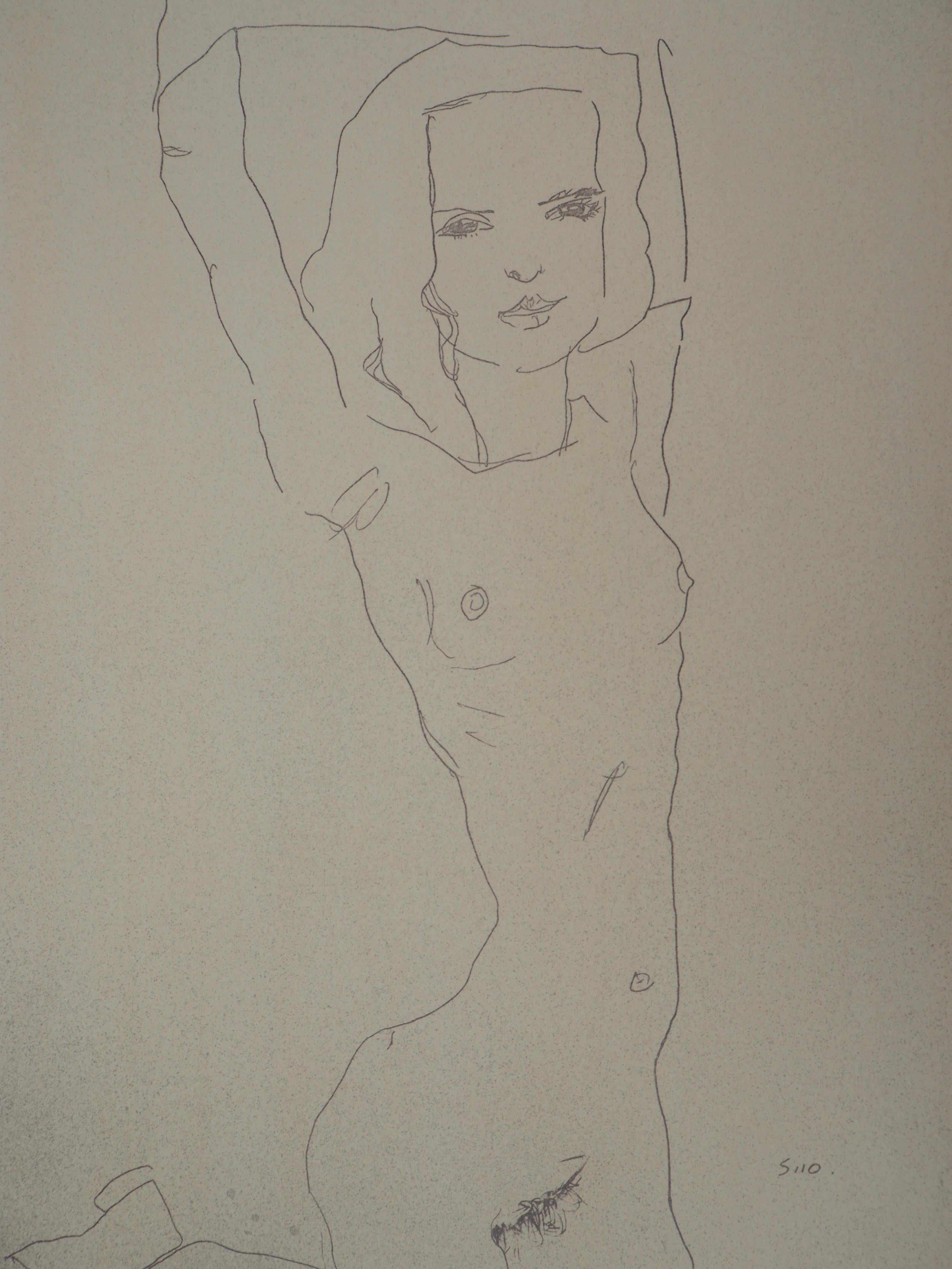 Stretching Woman - Lithograph (Kallir #D579) - Brown Figurative Print by (after) Egon Schiele