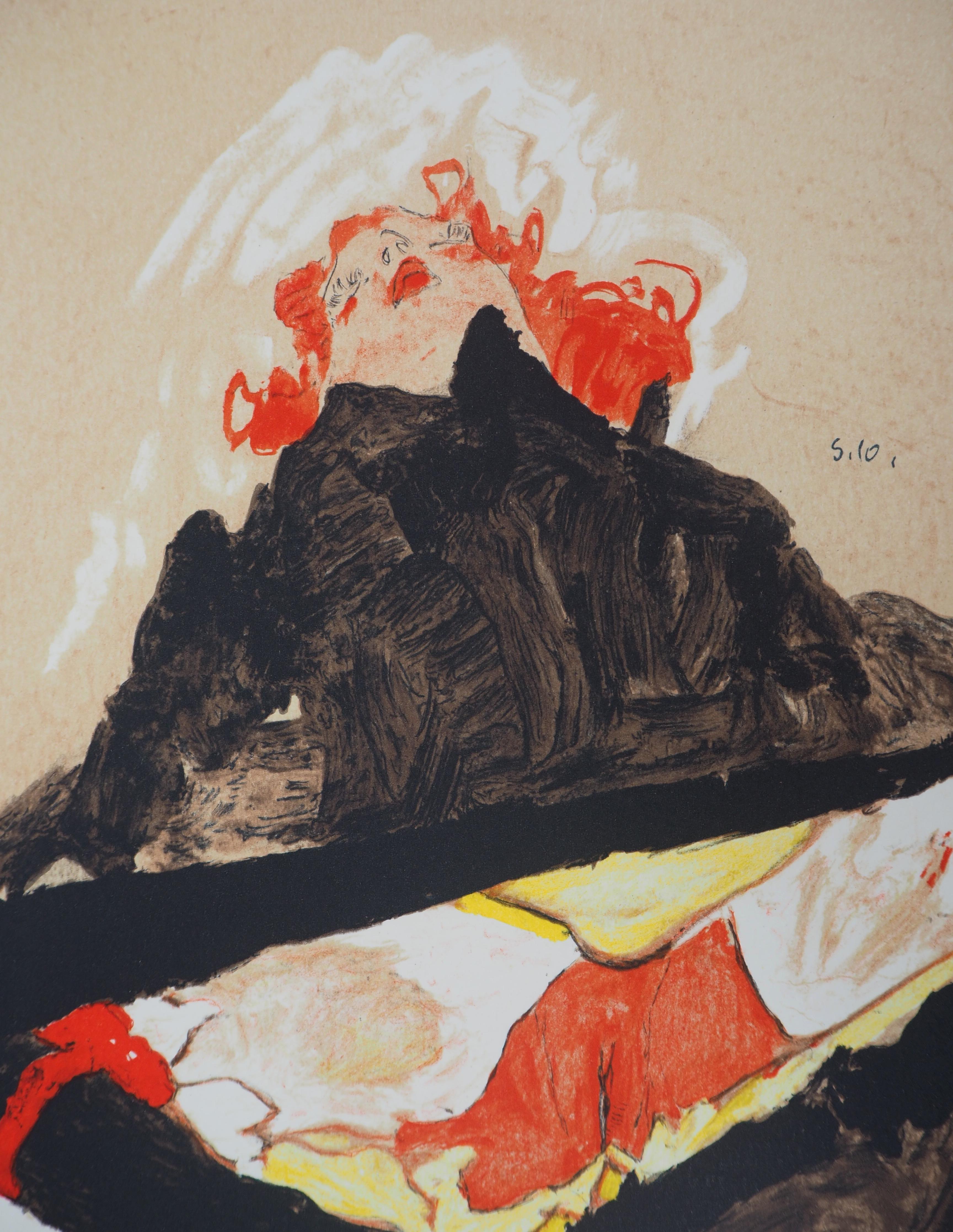 La femme aux cheveux rouges - Lithographie - Noir Figurative Print par (after) Egon Schiele