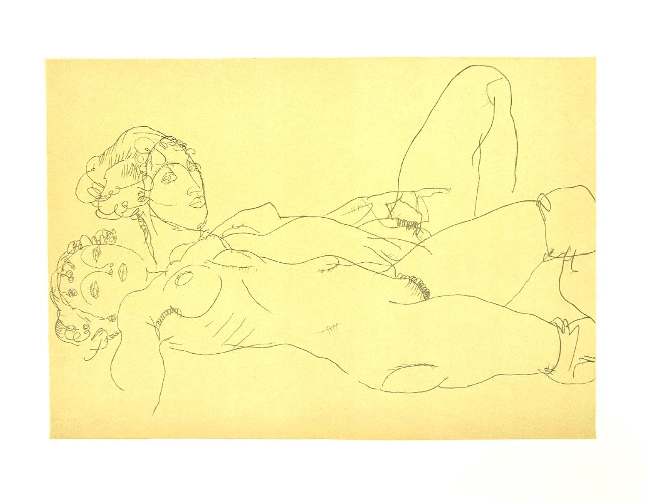 (after) Egon Schiele Nude Print - Two Reclining Nude Girls - Original Lithograph after E. Schiele