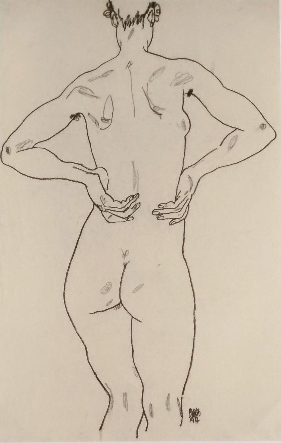 (after) Egon Schiele Nude Print – Weiblicher Rückenakt - Original Lithographie nach Egon Schiele