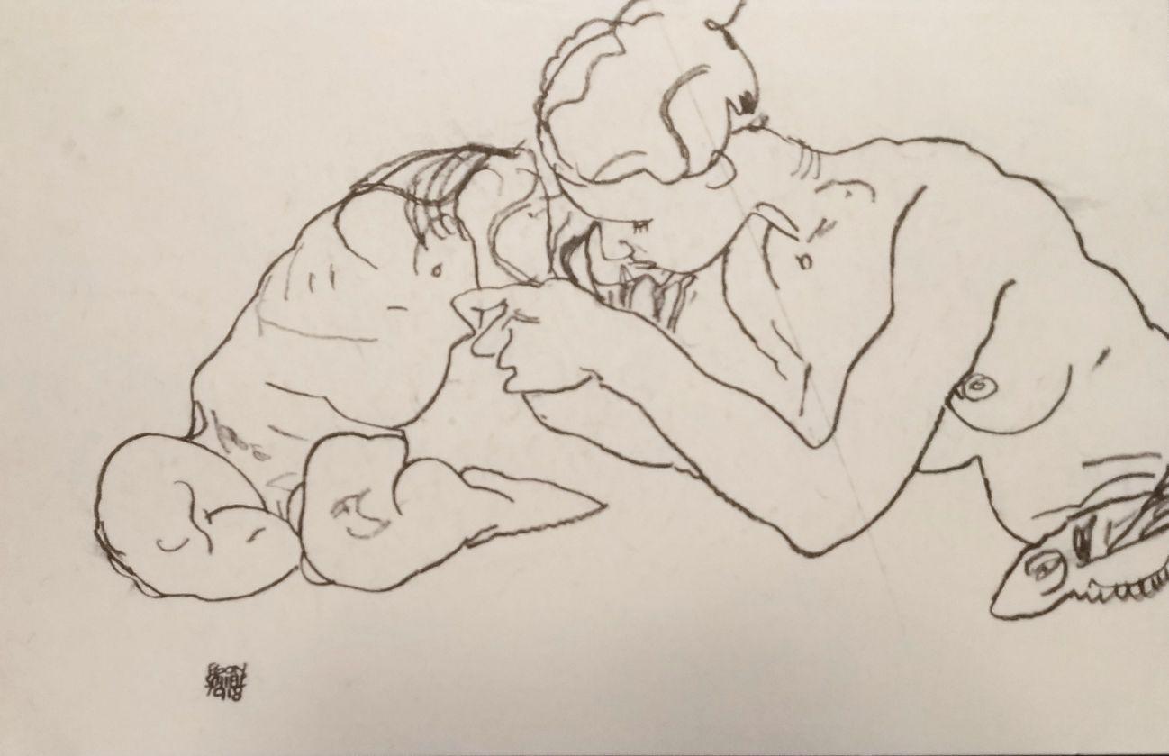 (after) Egon Schiele Figurative Print - Zwei sich küssende Mädchen