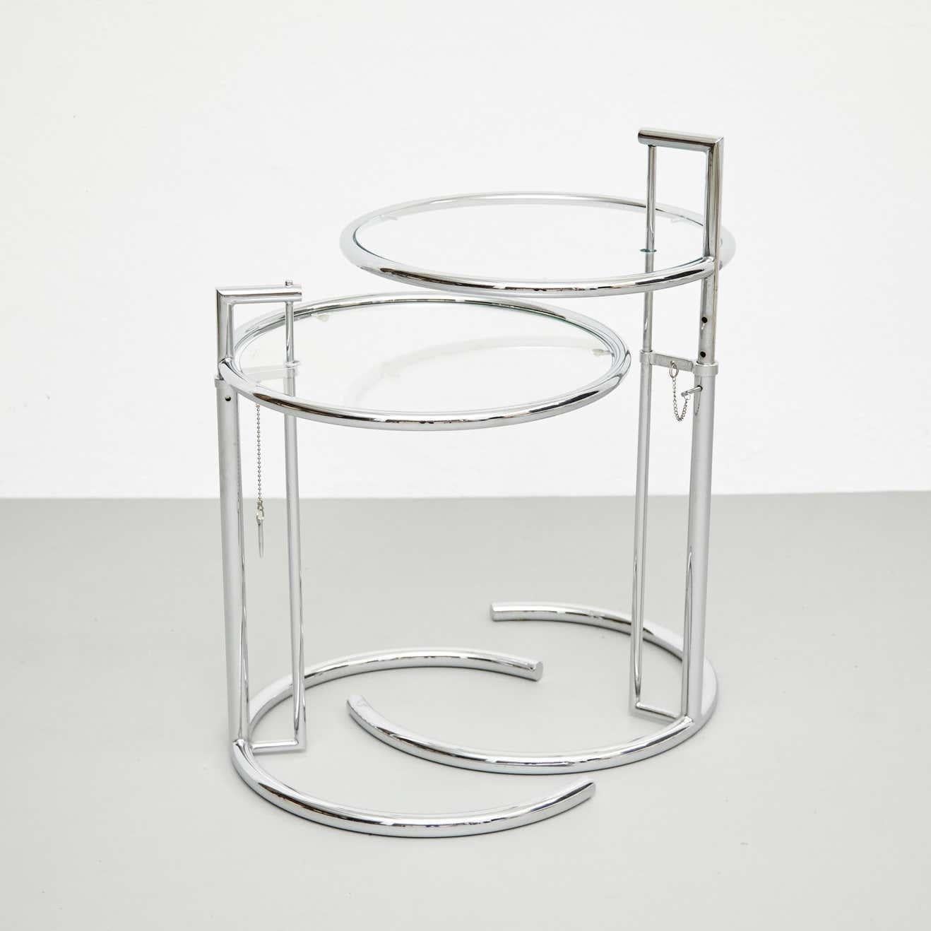 Mid-Century Modern After Eileen Gray Pair of E1027 Side Tables, Glass and Tubular Steel, circa 1970