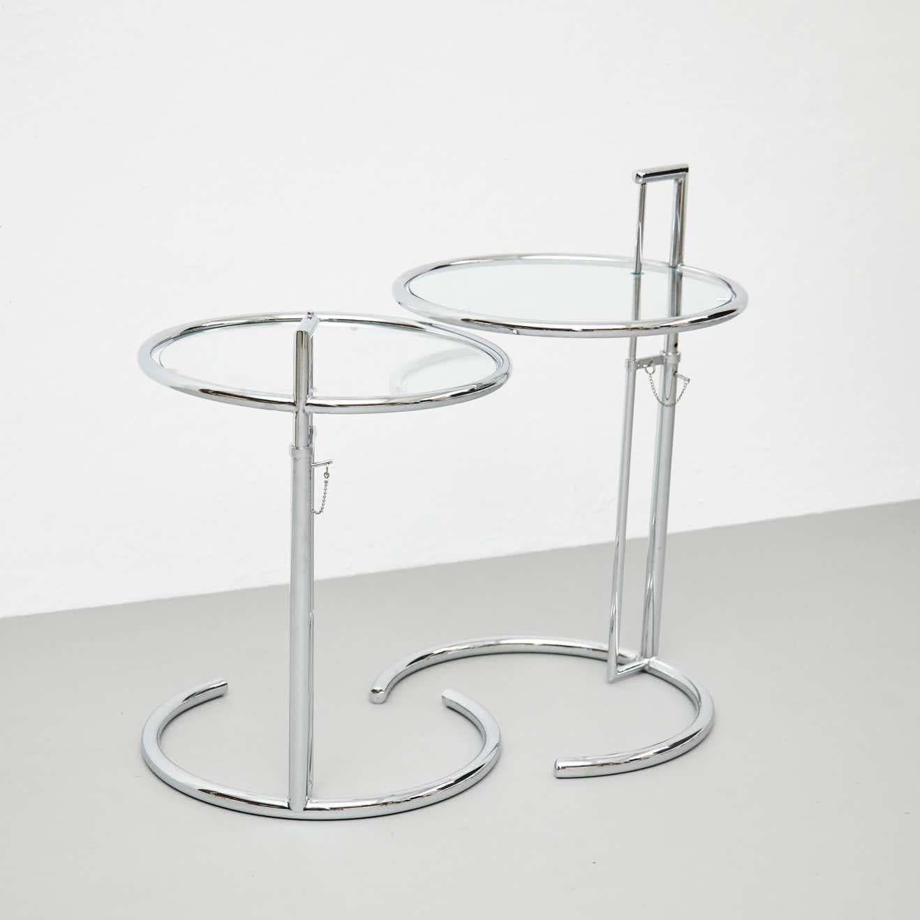 Mid-20th Century After Eileen Gray Pair of E1027 Side Tables, Glass and Tubular Steel, circa 1970