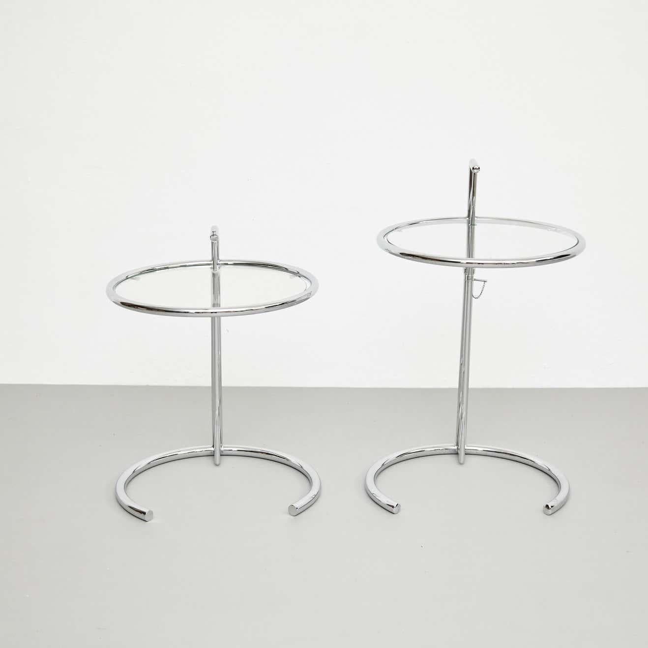 After Eileen Gray Pair of E1027 Side Tables, Glass and Tubular Steel, circa 1970 1