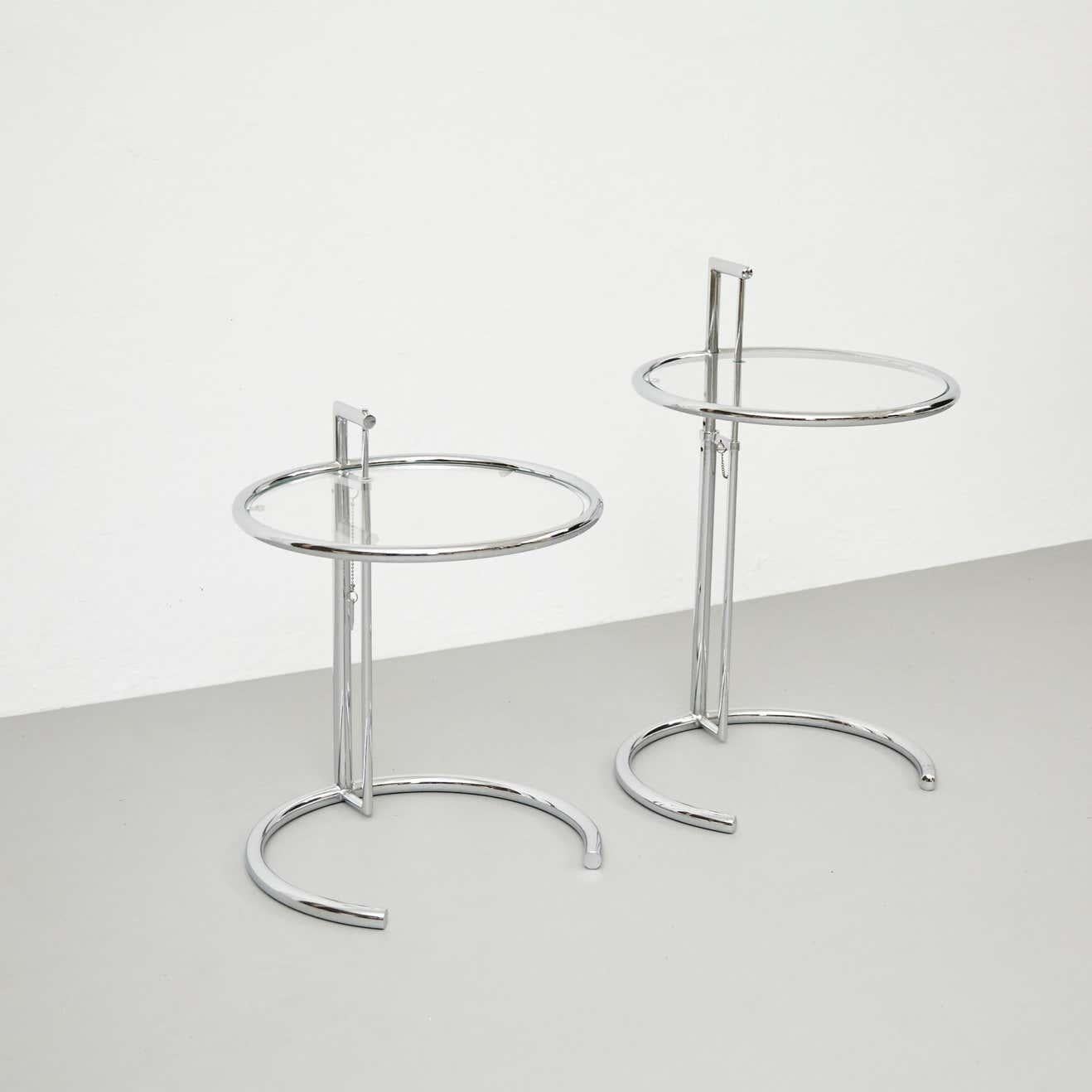 After Eileen Gray Pair of E1027 Side Tables, Glass and Tubular Steel, circa 1970 2