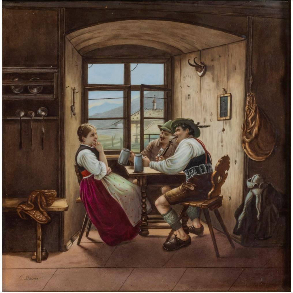 After Emil RAU (1858-1937)
A Fischer and Mieg Porcelain Plaque,
second half of the 19th century
painted with a tavern scene of two gentlemen in lederhosen enjoying a pipe and some ale, accompanied by a young maiden, all before a window with a