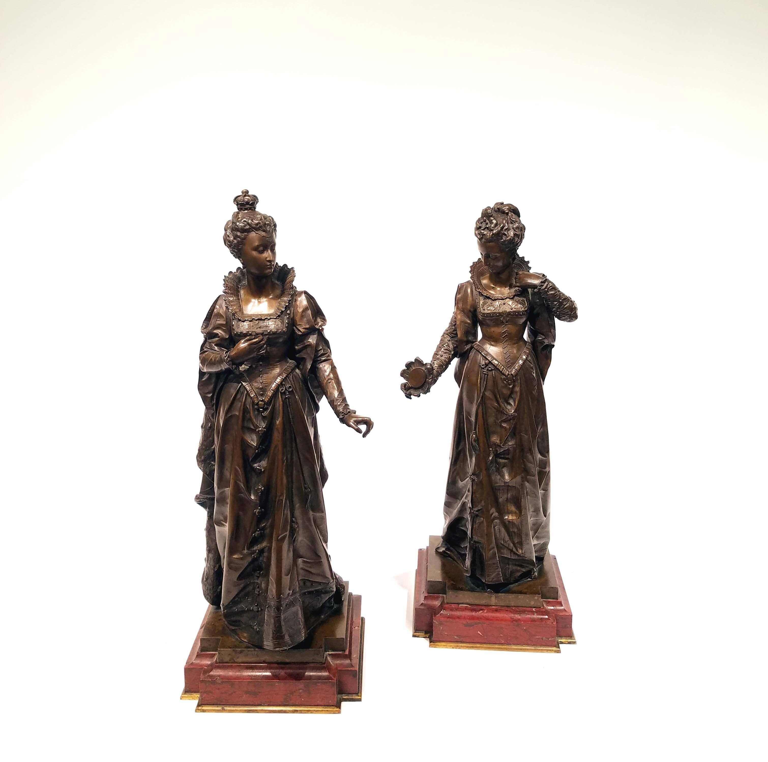 After Eutrope Bouret (French, 1833-1906) Elizabeth I and Mary Queen of Scotts. Patinated bronze on rouge marble base. Signed “Bouret” to the lower left.
Dimensions: 7.0
