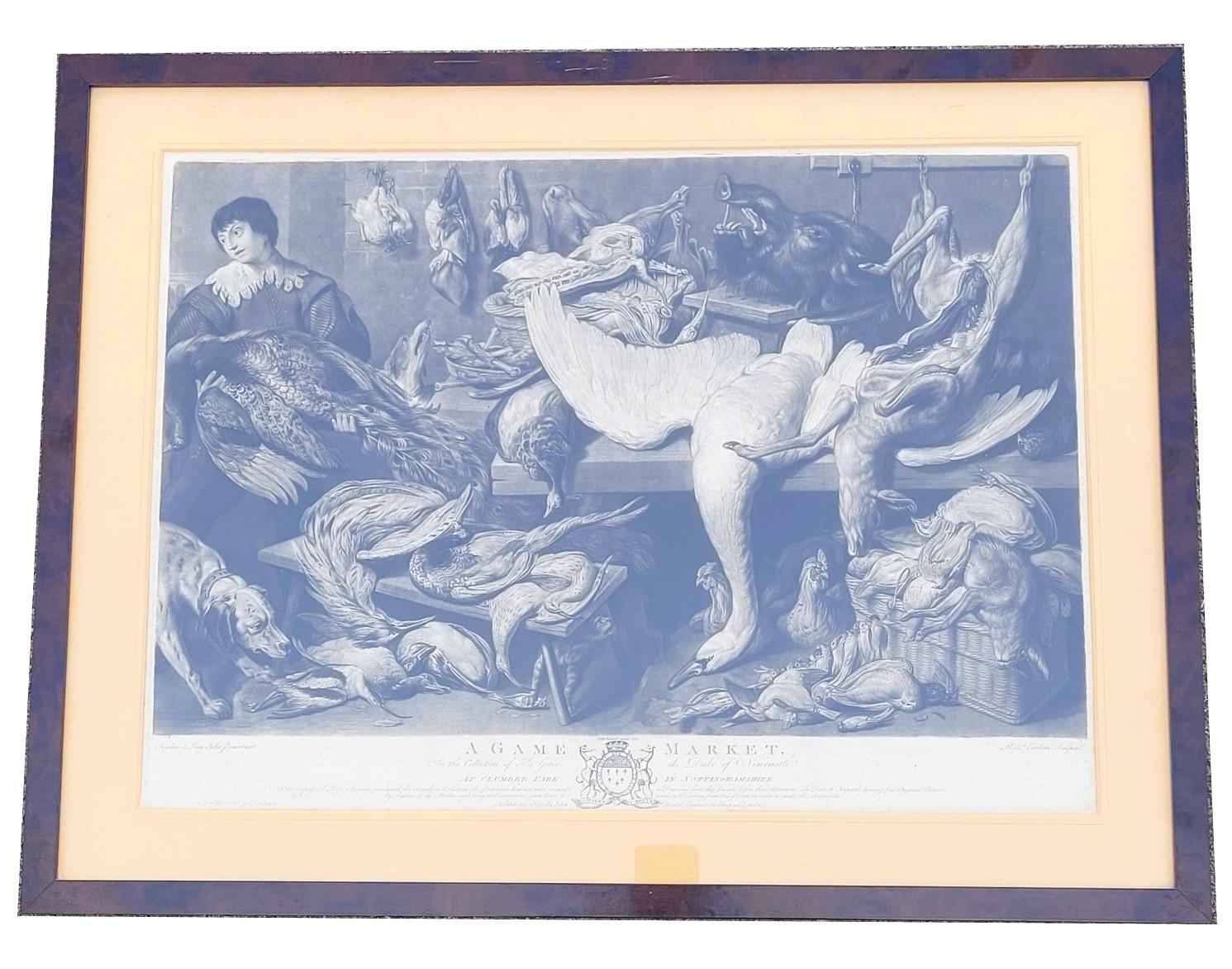 A set of 5 framed engravings depicting the Food Markets in England in the 18th century. 
They are very detailed and reflect the profusion and diversity of products common at that time.   

They are all signed and bear the coat of arms of the Earl of