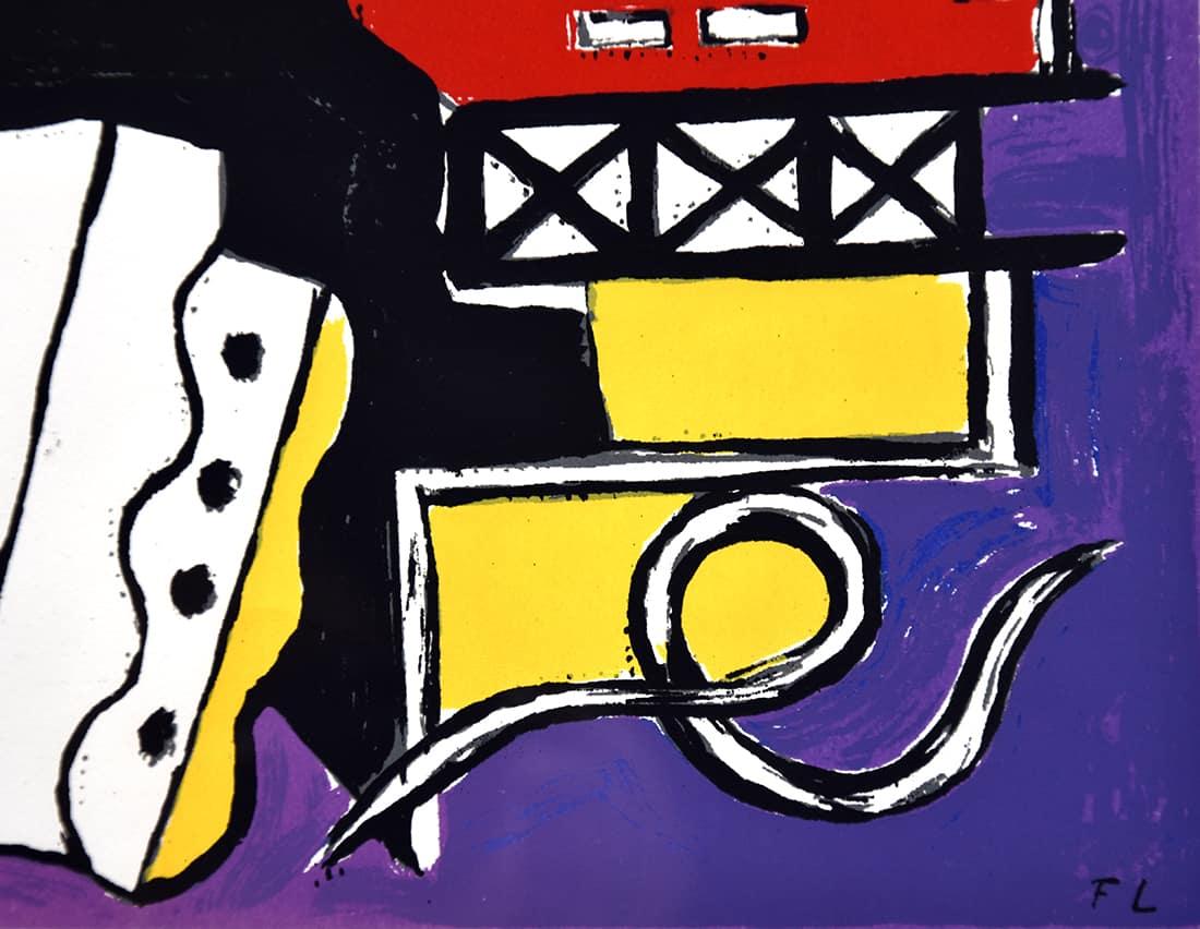 En utilisant une palette de couleurs audacieuses (violet, jaune, rouge et noir), Léger crée une œuvre abstraite dans laquelle les formes créent une unité constructive. On y décèle des indices d'une route, d'une échelle et d'un bâtiment, qui semblent