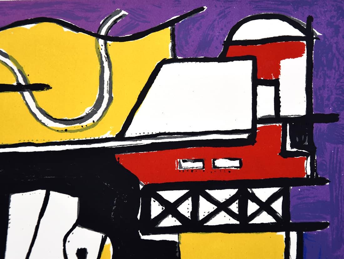 Utilizing a bold color palette of purple, yellow, red, and black, Léger creates an abstract work in which shapes and forms create a constructive unit. We detect hints of a road, a ladder, and a building, all of which appear geometric and slightly