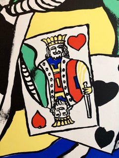 Fernand Leger School Prints Colorful Modernist King of Hearts Drawing Lithograph