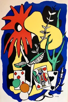 Vintage Fernand Leger School Prints Colorful Modernist King of Hearts Drawing Lithograph