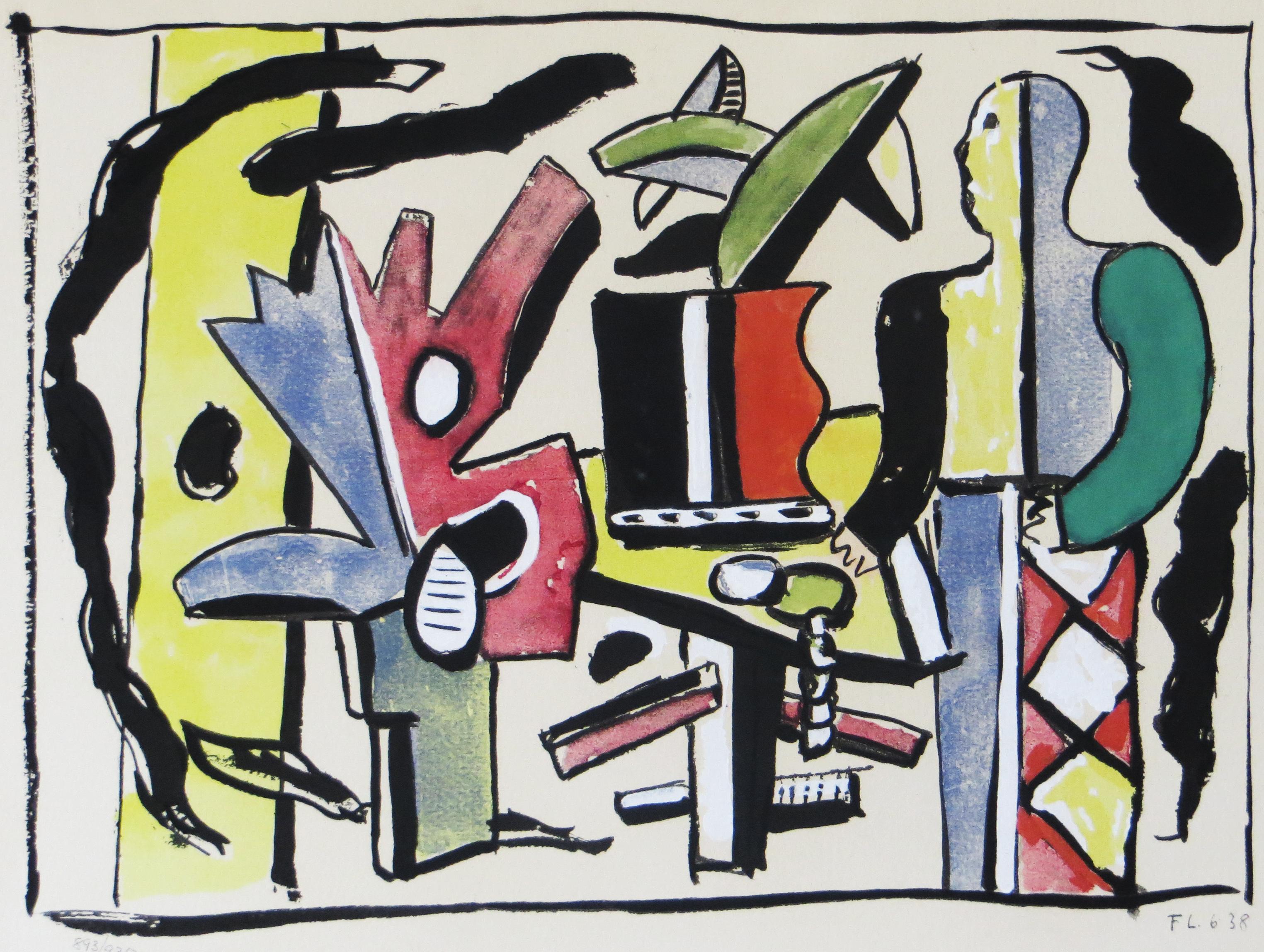 Artist: Fernand Leger (after)
Title: L'Artiste dans le Studio from Douze Contemporains
Year: 1959  Original: 1938
Medium: Lithograph with Pochoir on Wove paper, signed and dated in the plate
Edition: 970. This one: 893/970
Image Size: 10.5 x 14