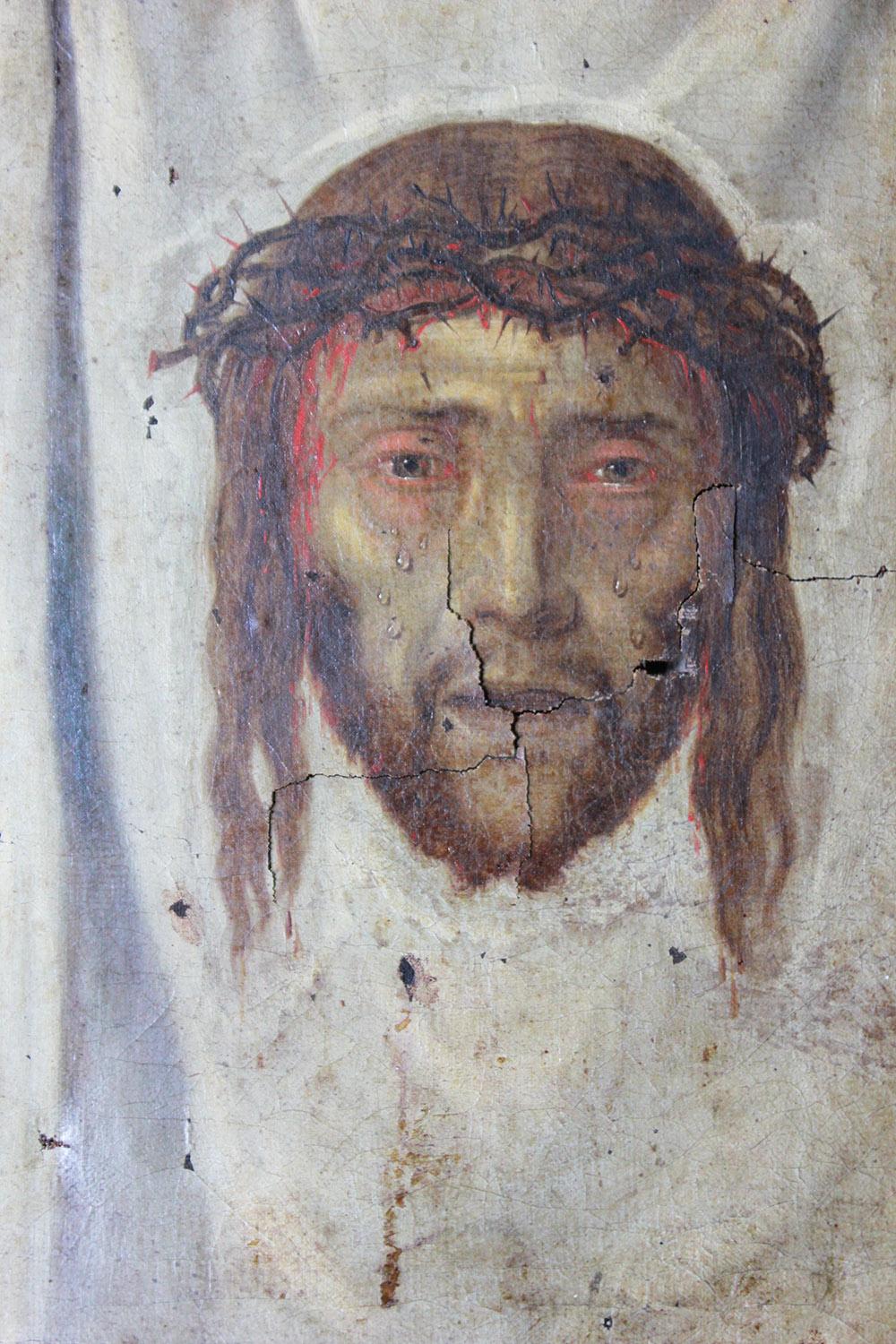 After Fetti, the Veil of Veronica, Spanish School Oil on Canvas In Distressed Condition In Bedford, Bedfordshire