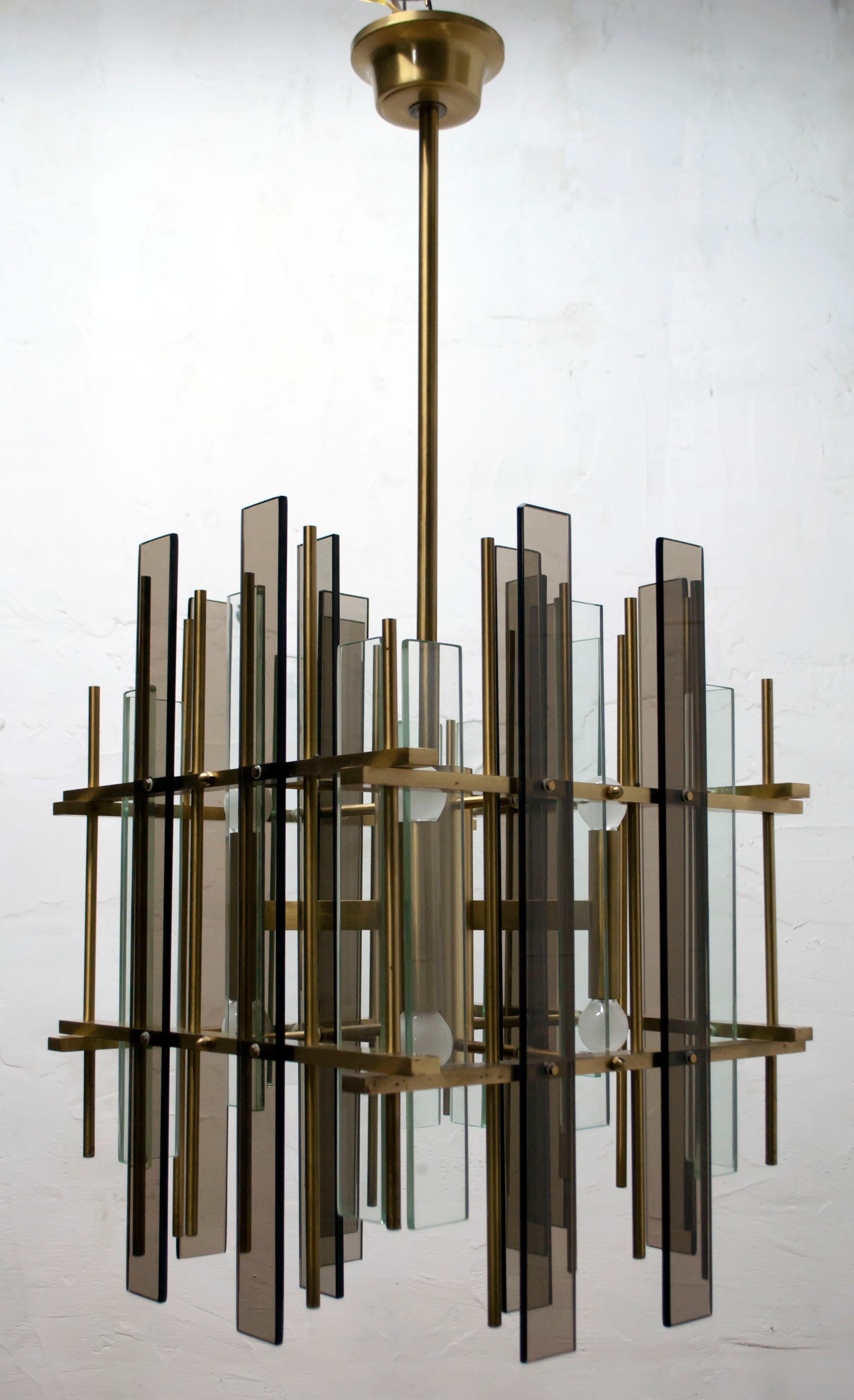 After Fontana Arte Mid-Century Modern Brass and Glass Italian Chandelier, 1970s 1