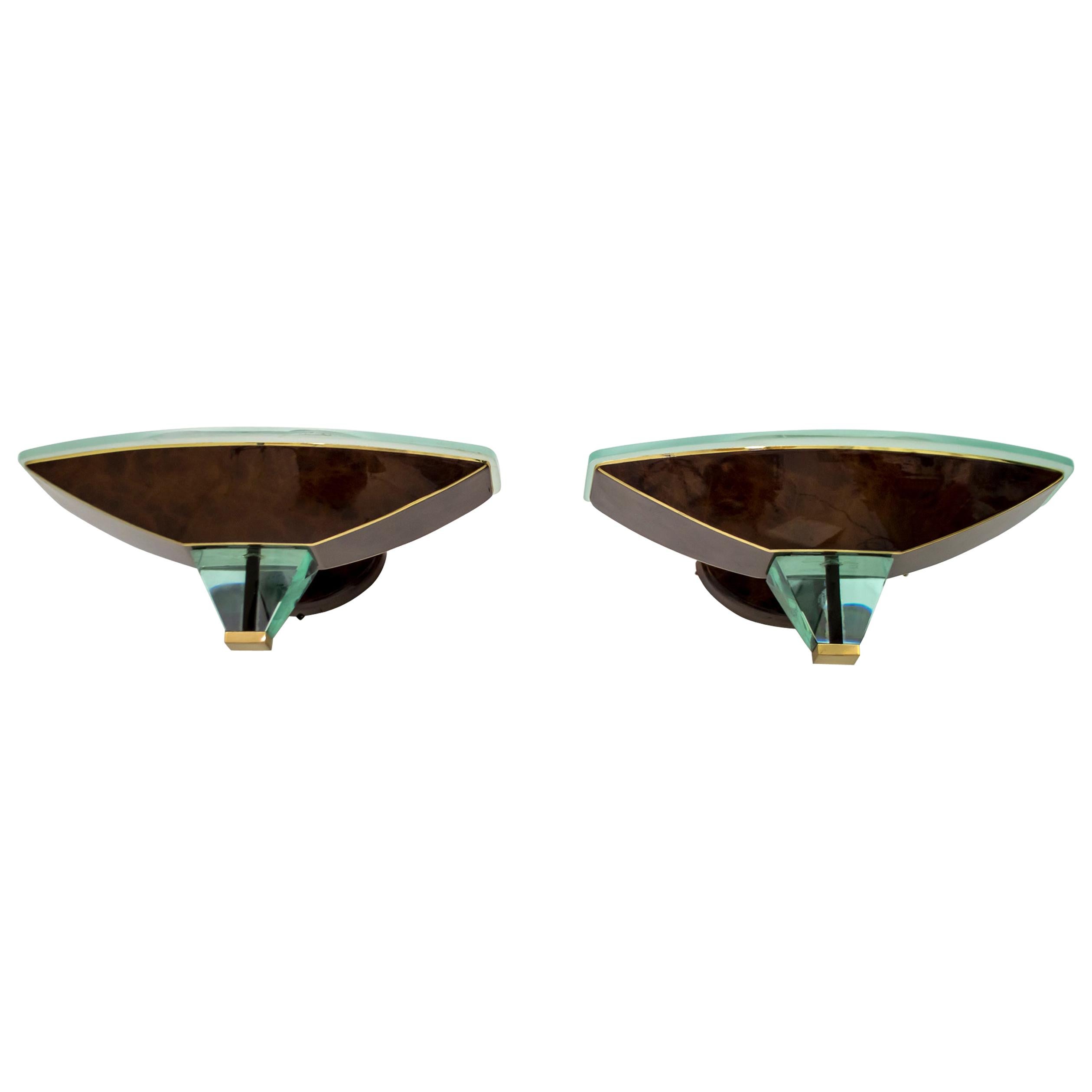 After Fontana Arte Pair of Modern Italian Glass and Brass Sconces, 1980s For Sale
