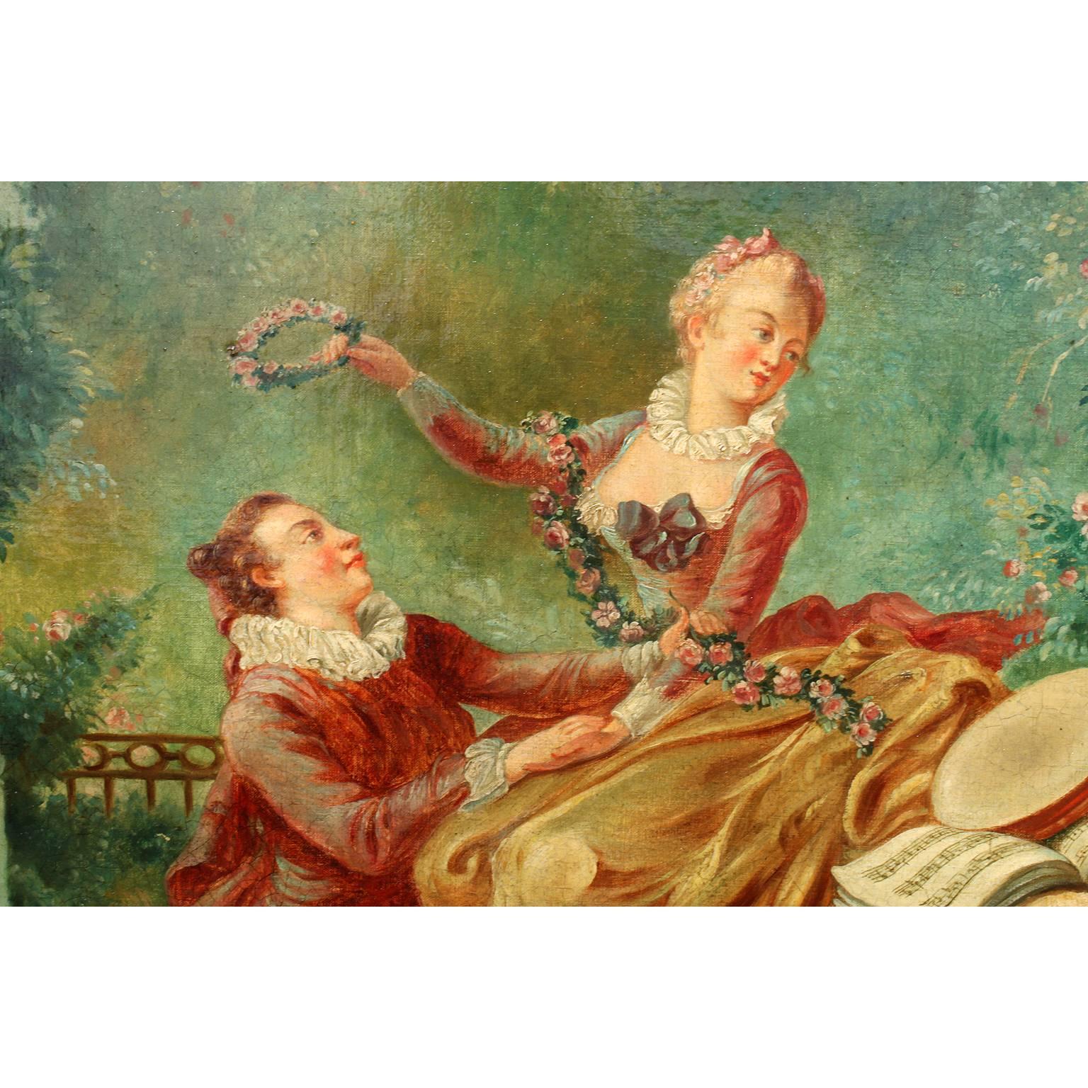 Francese Dopo Fragonard Olio su tela francese del XIX secolo Progresso d'amore-amante incoronato in vendita