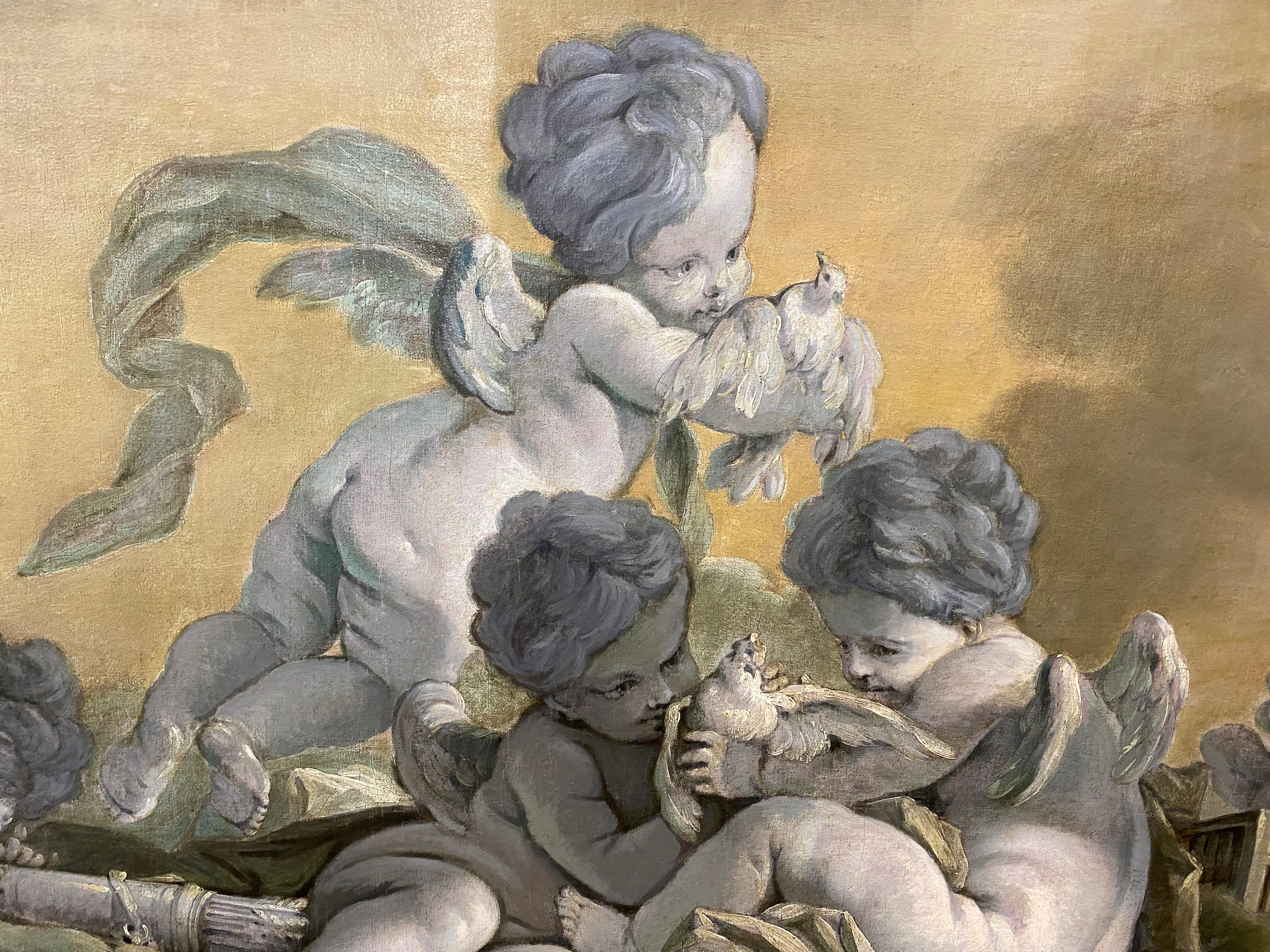 A fine grisaille oil painting on canvas of putti in the clouds, unsigned, labeled on verso BOUCHER (genre de Francois), titled “Amours sur des nuages jouant avec des colombes ” (literally translated “cupids on clouds playing with doves”), dating to