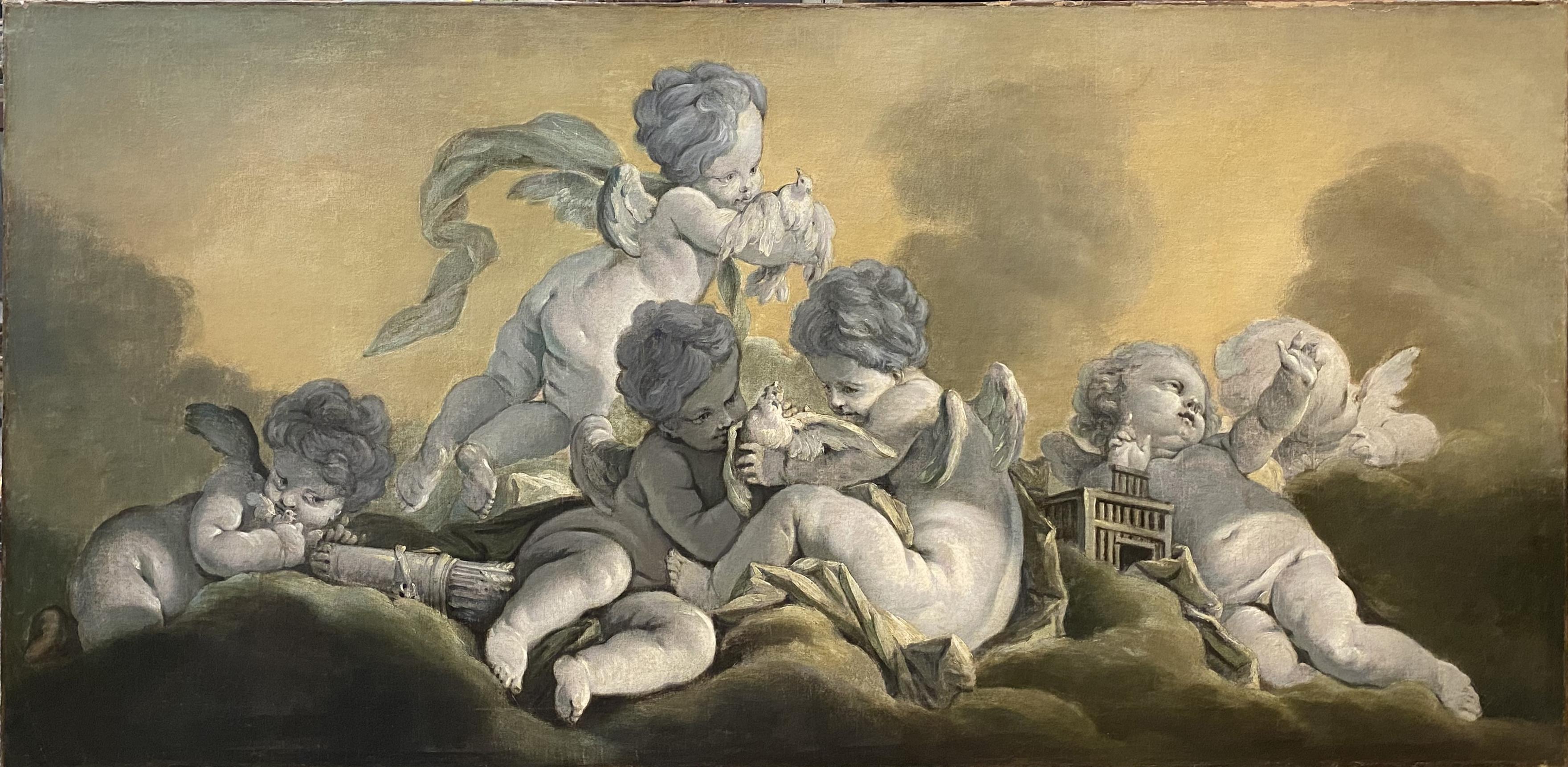 Amours sur des Nuages Jouant avec des Colombes – Art von (After) Francois Boucher