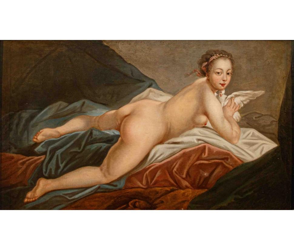 Zweite Hälfte des 18. Jahrhunderts, Anhänger von François Boucher

Odaliske

Öl auf Leinwand, 75 x 125 cm

Gerahmt, 124 x 152 cm

Im 18. Jahrhundert stellte der französische Künstler François Boucher die Frauen nicht als klassisch schöne Venus dar,