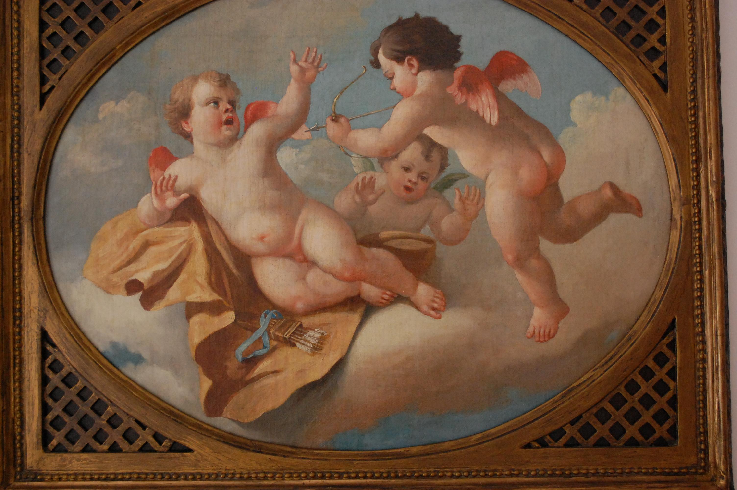  Pair Of 18th Century Cherubs Playing With Bow And Arrow oil paintings.
After Francois Boucher (1703-1770)
Boucher is known for his idyllic and voluptuous paintings on classical themes, decorative allegories, and pastoral scenes.
 Pair of charming
