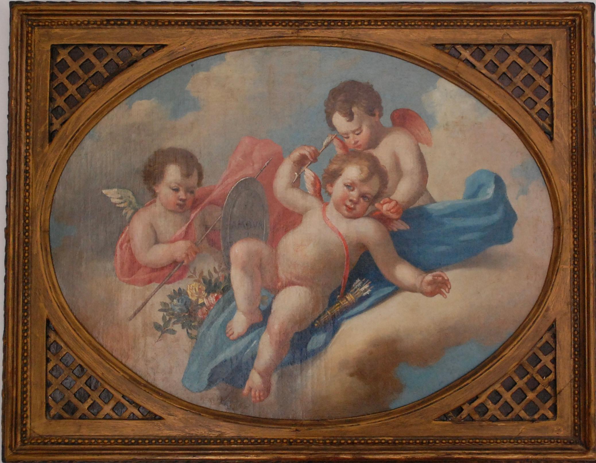  Cherubs Playing With Bow And Arrow  - Brown Figurative Painting by (After) Francois Boucher