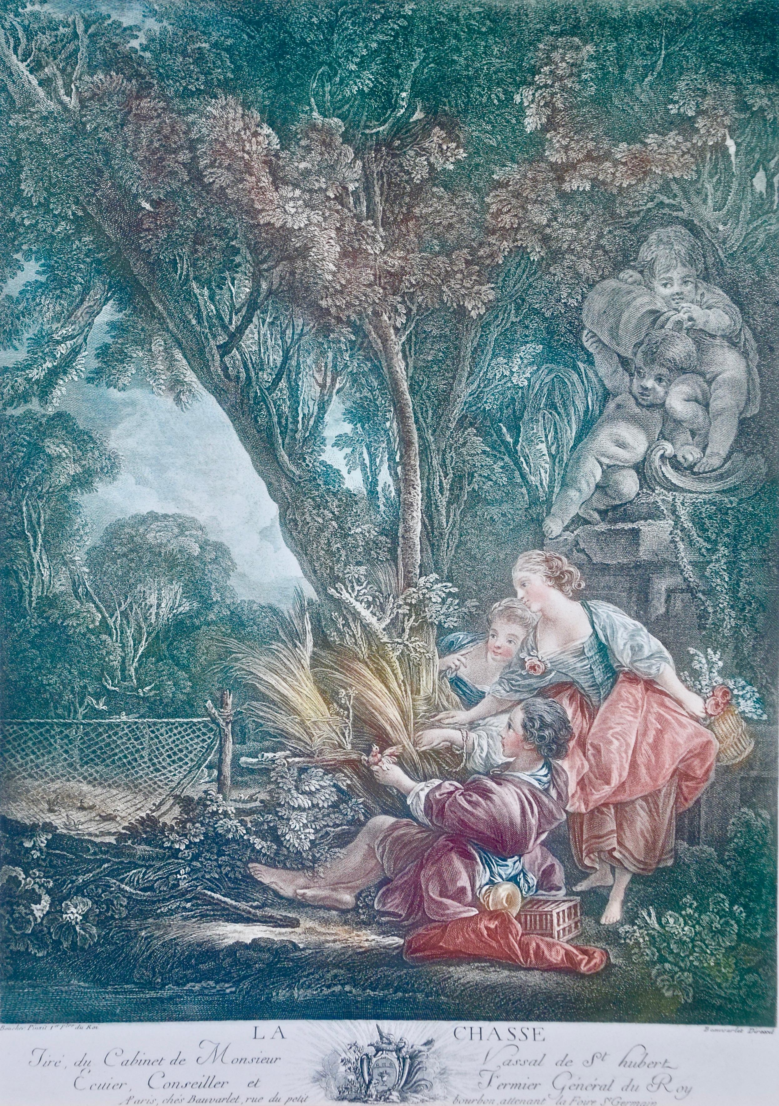 Paar handkolorierte romantische französische Gravuren nach Francois Boucher, Paar  (Romantik), Print, von (After) Francois Boucher
