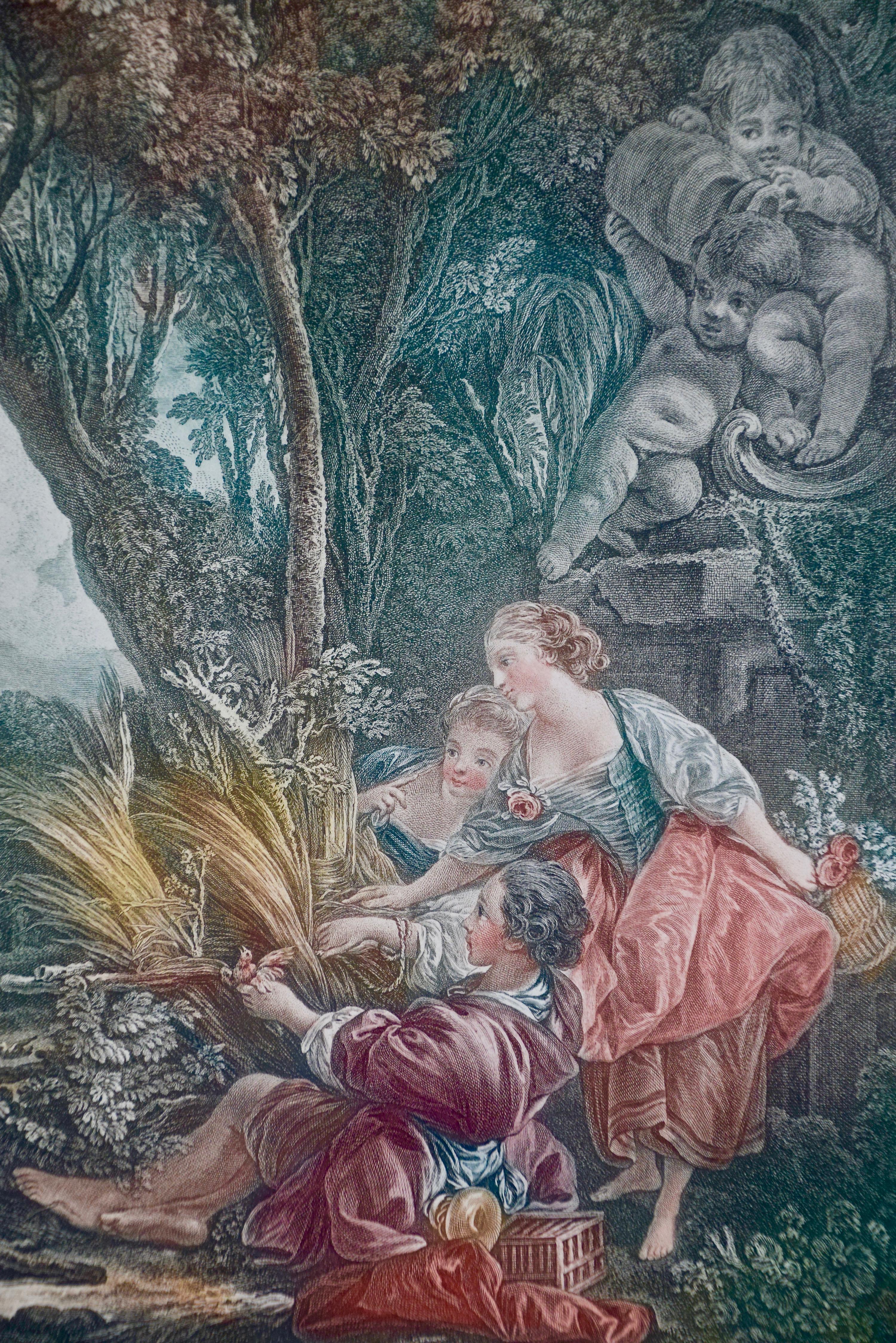 
A pair of French classical romantic prints original created in the 18th century by Jacques-Firmin Beauvarlet (1731-1797) after paintings by Francois Boucher  (1703-1770), utilizing both etching and engraving techniques. The exact date of the