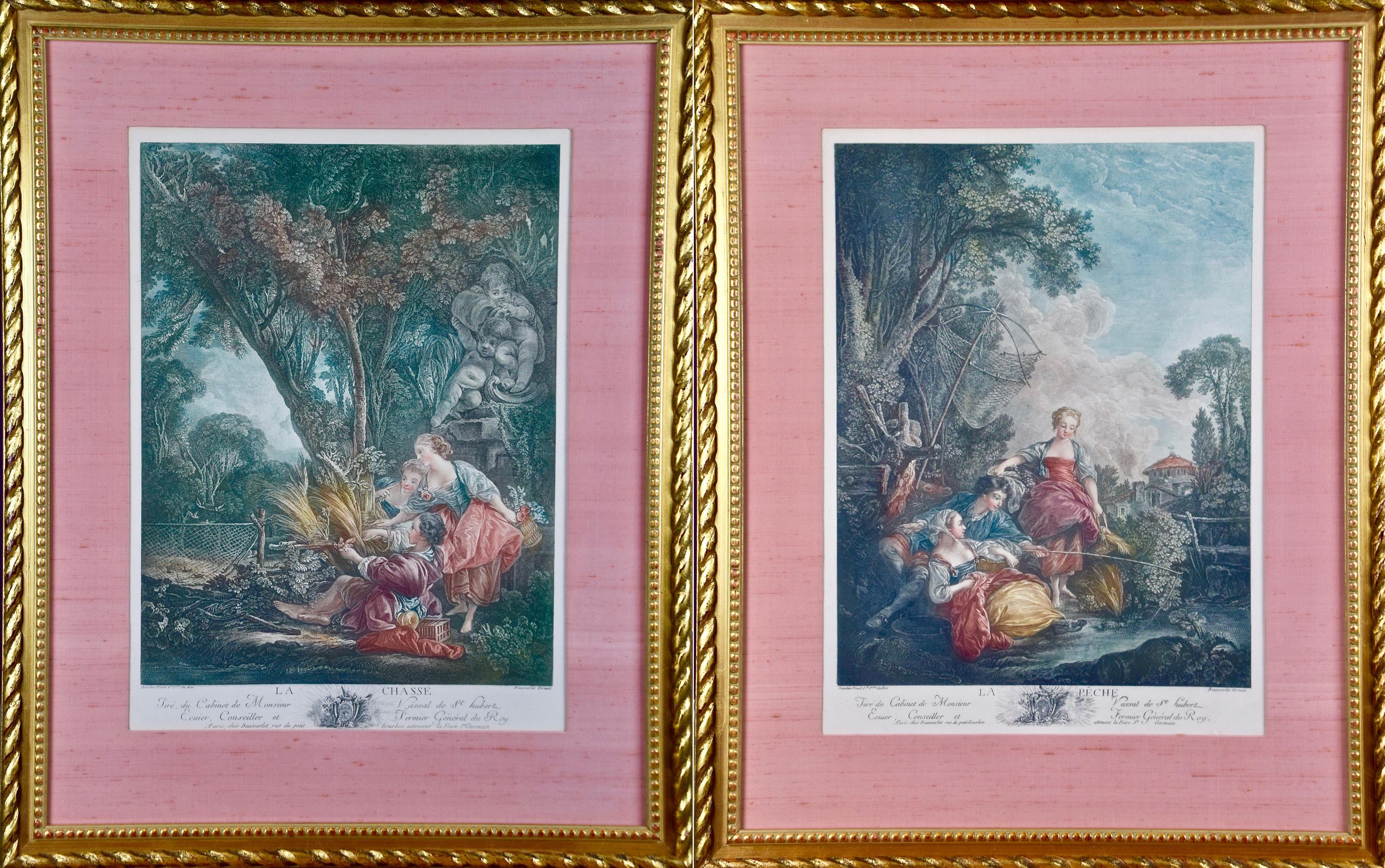 Pair of 18th C. Hand Colored Romantic French Engravings after Francios Boucher 
