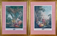 Antique Pair of Hand-colored Romantic French Engravings after Francois Boucher 