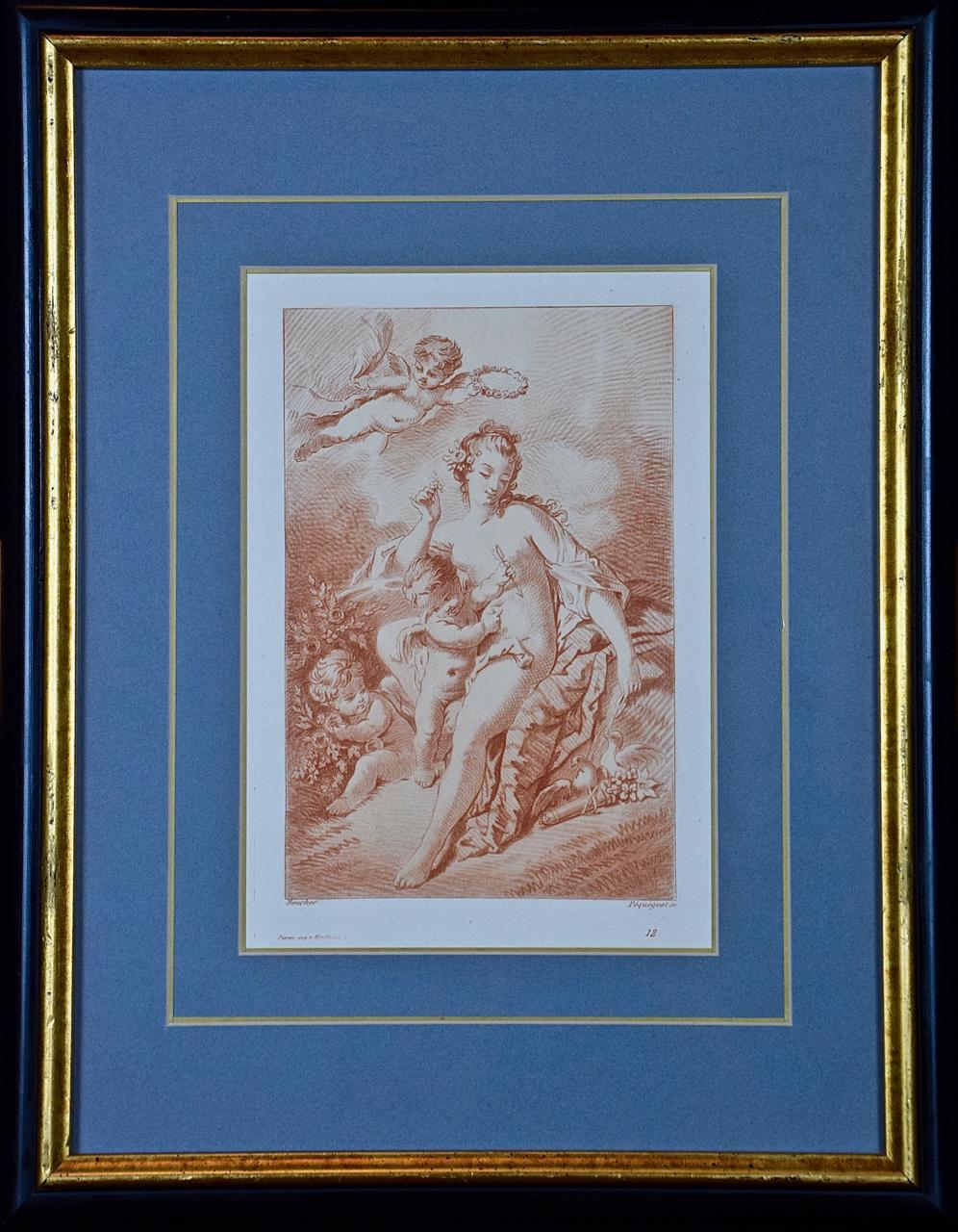 A Pair of Romantic Etchings of Women with Cherubs by Pequegnot after Boucher  - Print by (After) Francois Boucher