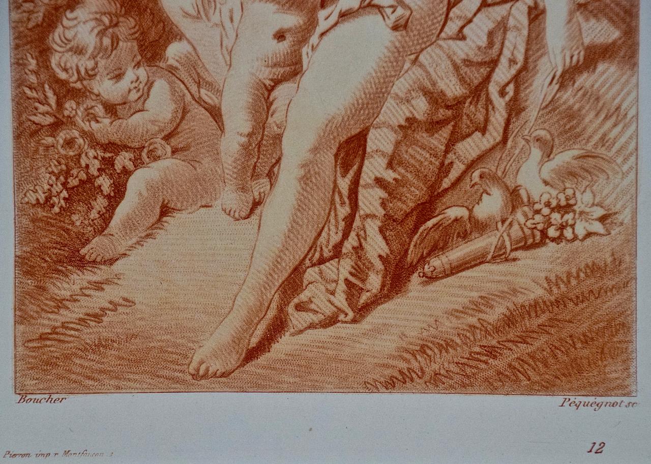 Chacune de ces gravures teintées représente une jeune femme avec des chérubins (putti):: dont l'un tient une flèche:: représentant peut-être Cupidon. Ces gravures ont été réalisées par Auguste Pequegnot d'après des peintures de François Boucher. Il