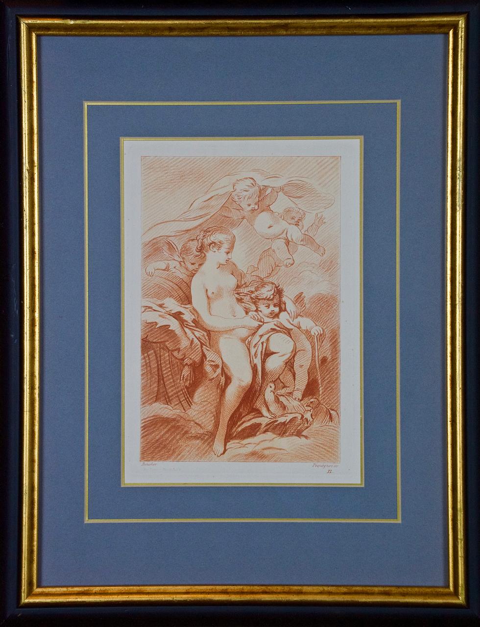 Each of these tinted etchings depicts a young woman with cherubs (putti), one of which holds an arrow, possibly representing Cupid. These etchings were created by Auguste Pequegnot after paintings by François Boucher. They were plates 11 and 12 in