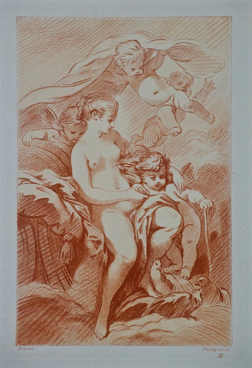 Paire de gravures romantiques de femmes avec des chérubins par Pequegnot d'après Boucher 4