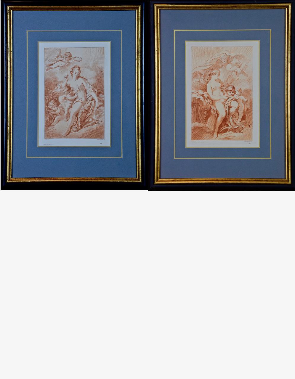 (After) Francois Boucher Figurative Print - A Pair of Romantic Etchings of Women with Cherubs by Pequegnot after Boucher 
