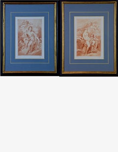 A Pair of Romantic Etchings of Women with Cherubs by Pequegnot after Boucher