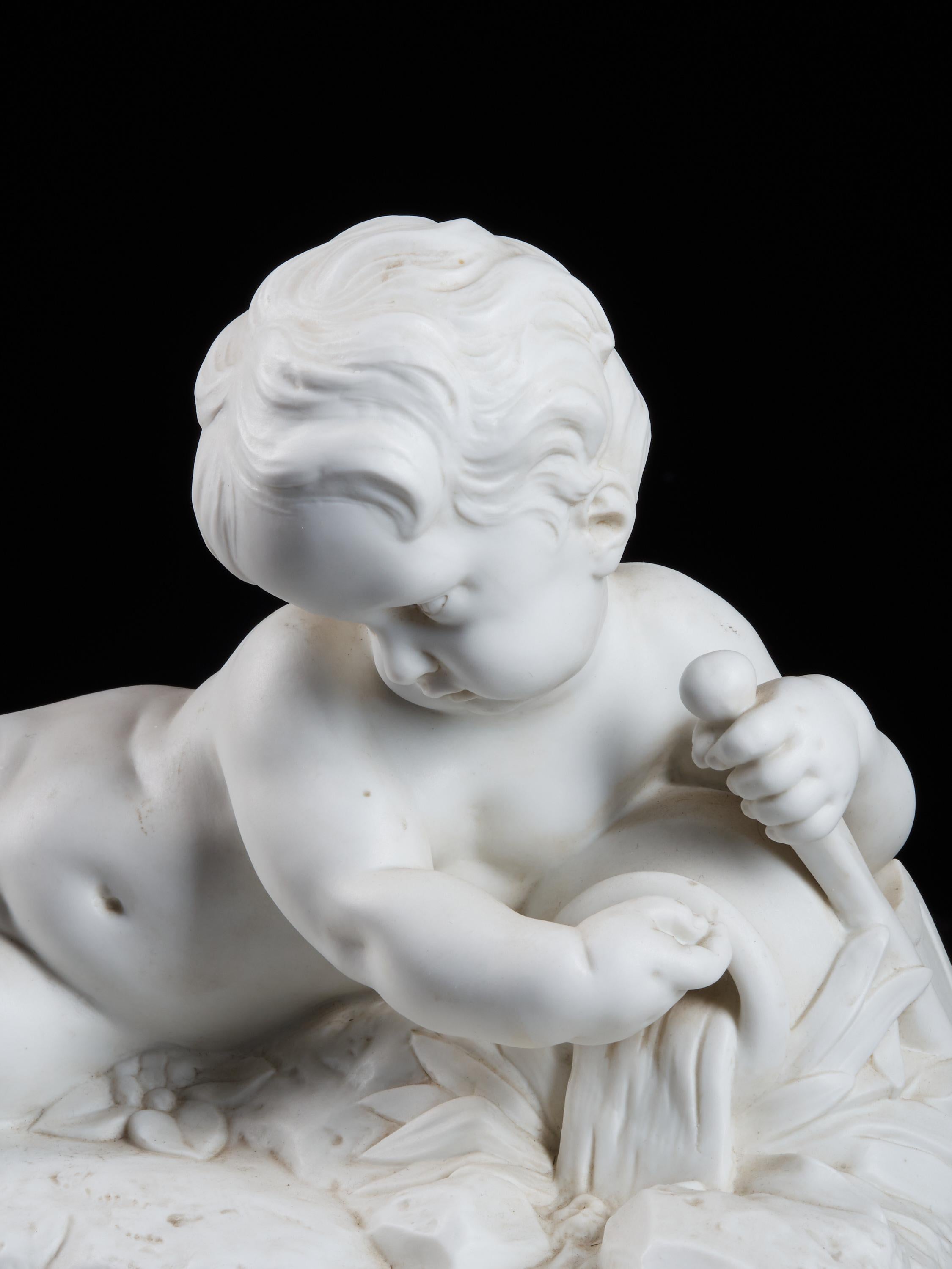 Porcelain After François Duquesnoy, Biscuit Sculpture of an Angel, Signed