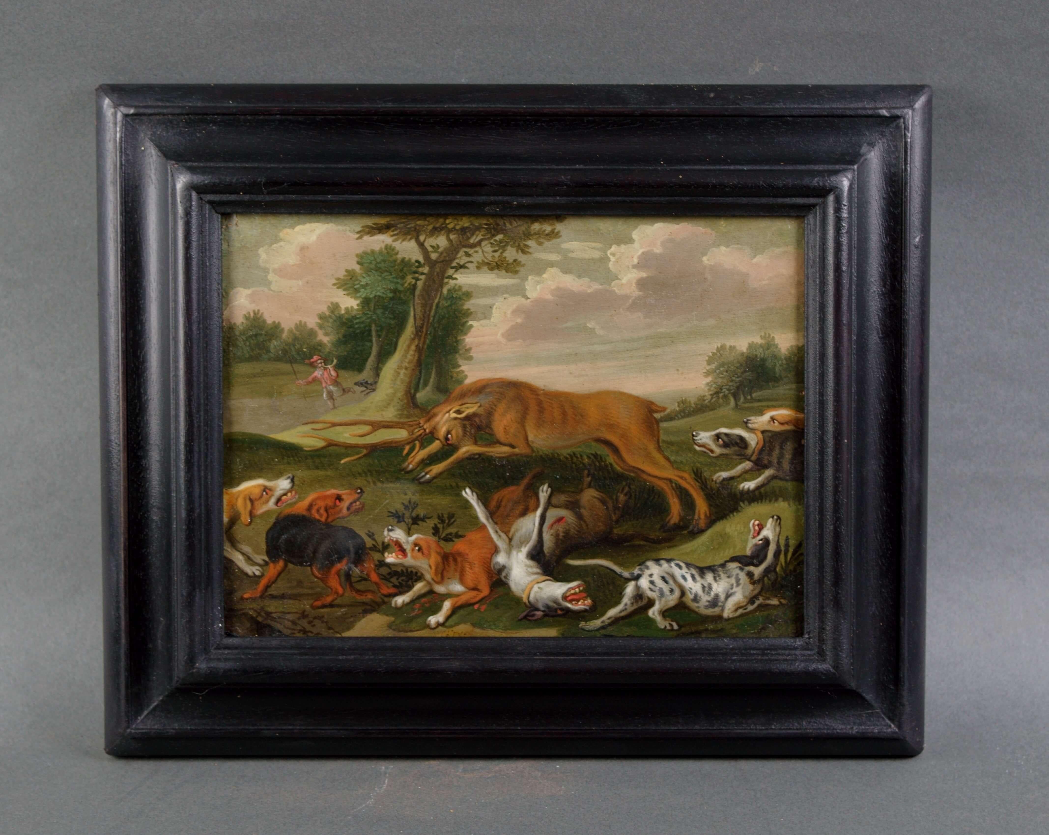 Flemish School of the 17th century Pair of Hunting Scenes Oil on Copper - Black Animal Painting by (After) Frans Snyders