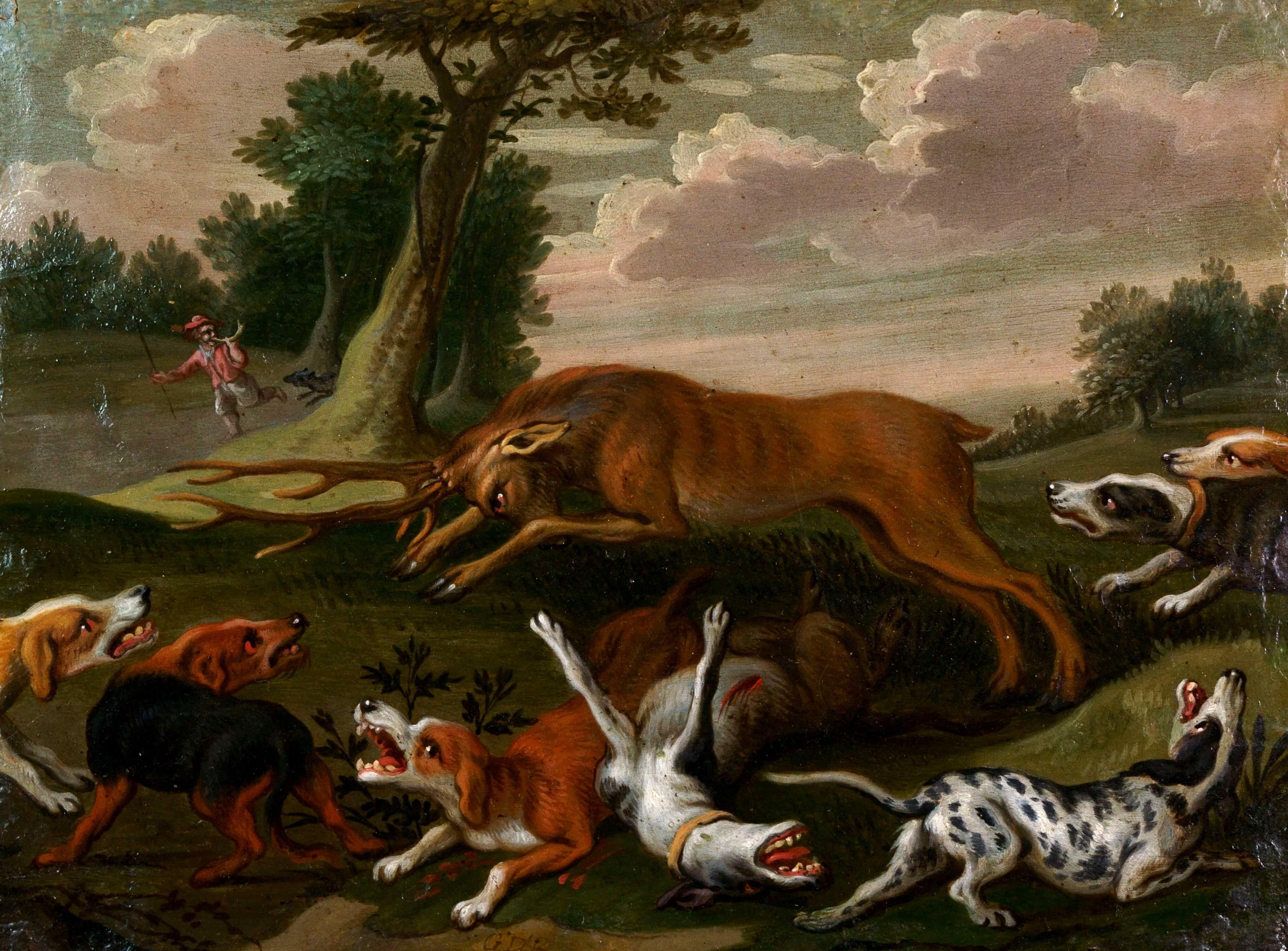 Pair of hunting scenes with dogs monogrammed GDR, oil on copper, 17th-century Flemish school, entourage of Frans Snyders.

Frans Snyders or Snijders (Antwerp, November 11, 1579 - August 19, 1657) was a Flemish Baroque painter, a pupil of Pieter
