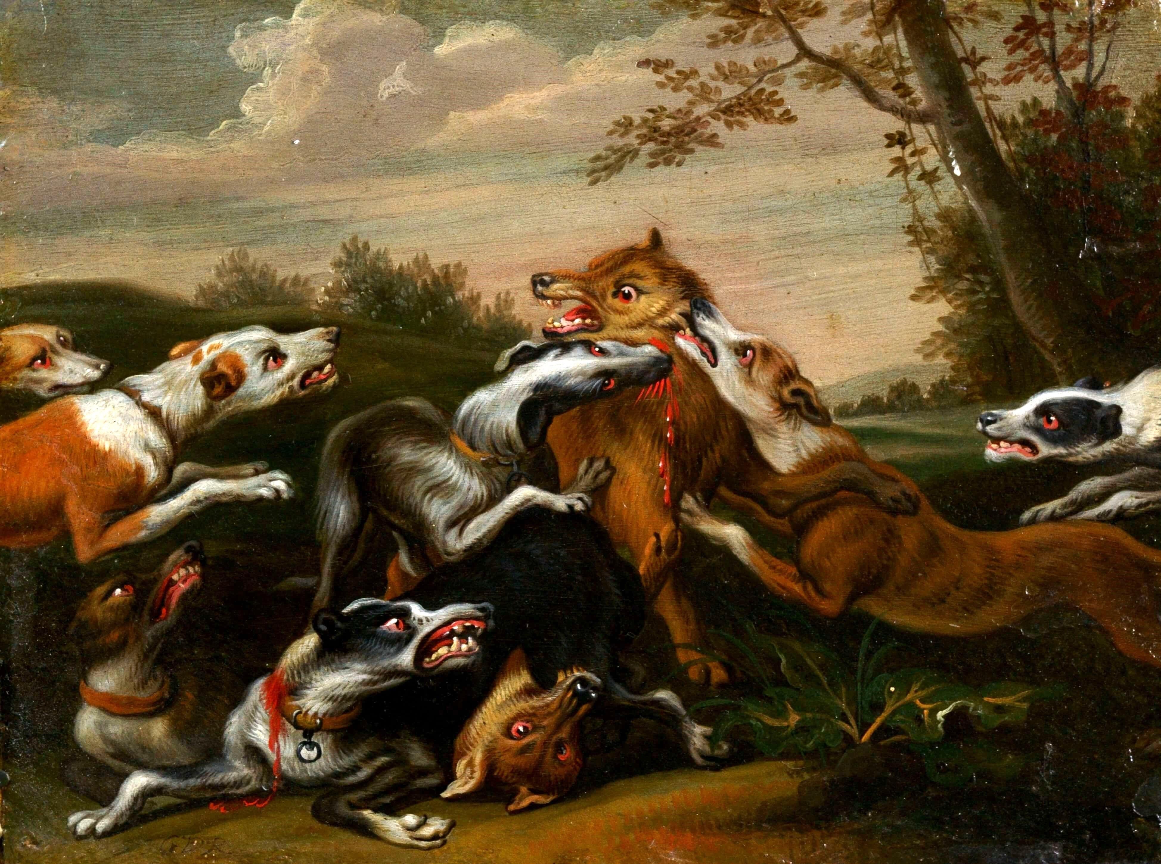 Flemish School of the 17th century Pair of Hunting Scenes Oil on Copper 1