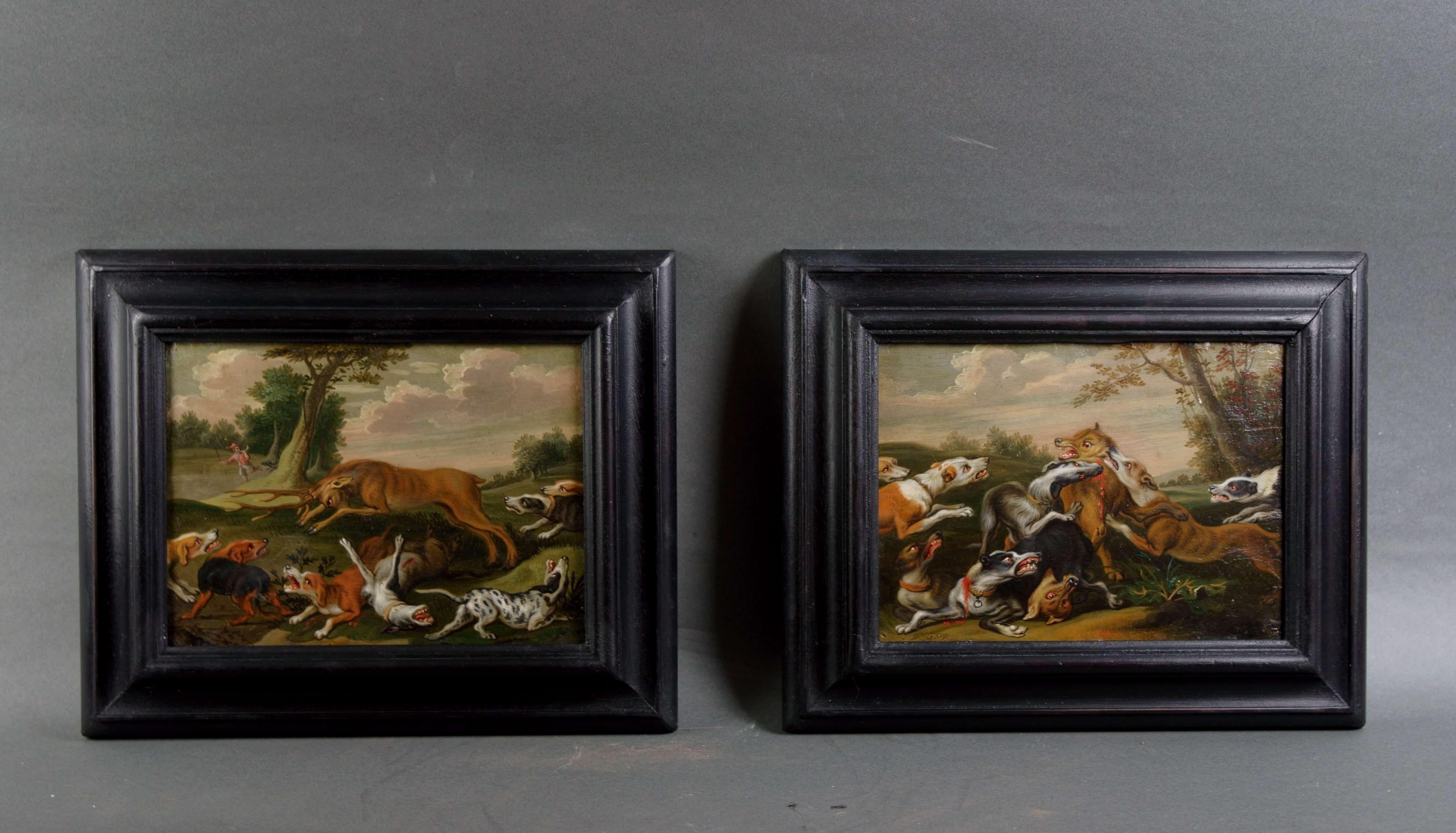 (After) Frans Snyders Animal Painting - Flemish School of the 17th century Pair of Hunting Scenes Oil on Copper