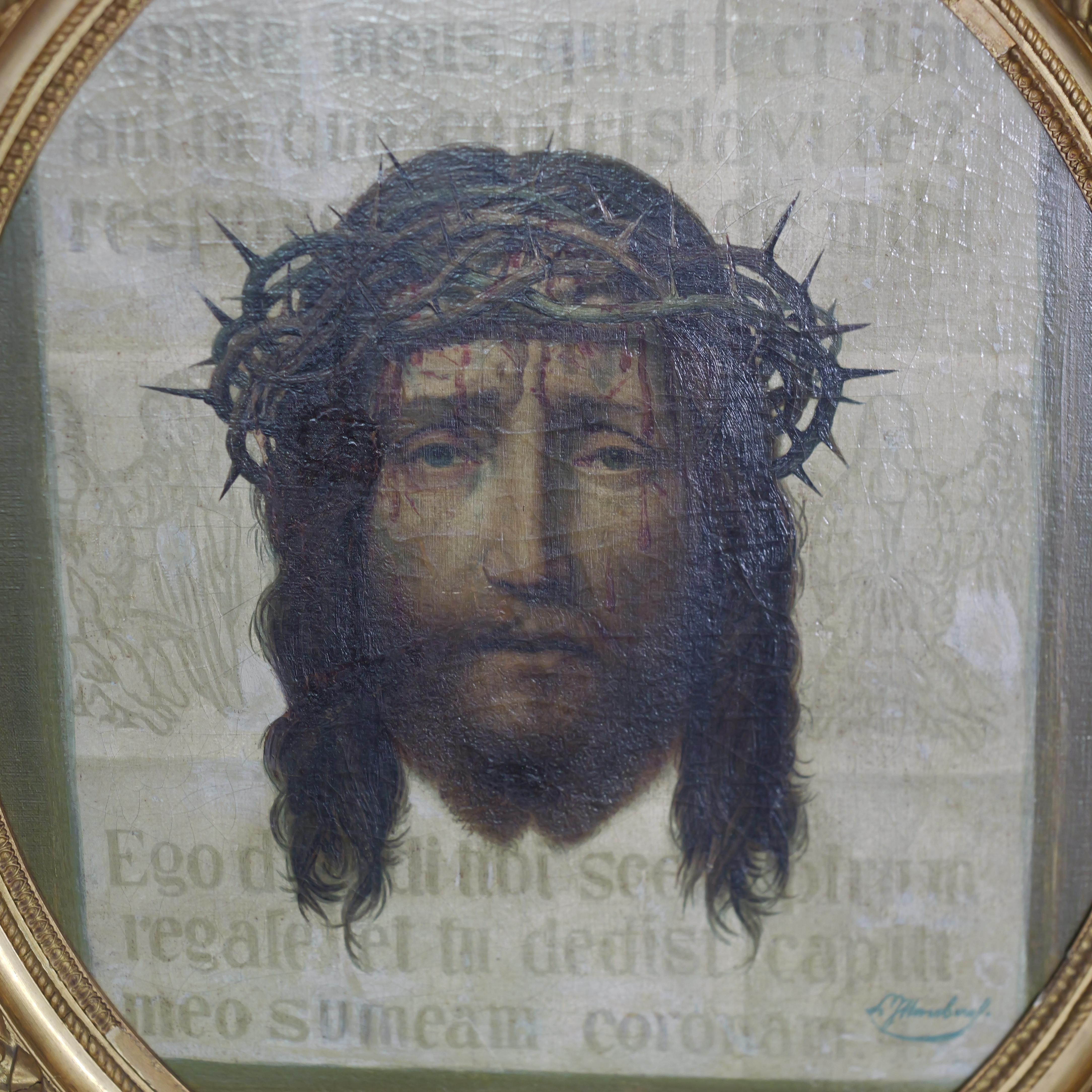 This stunning oil on canvas, mounted on panel, presents a detailed close-up of the face of Ecce Homo, a depiction of Jesus Christ during his trial before Pontius Pilate. Painted by the talented German artist Franz Ittenbach (1813-1879), known for