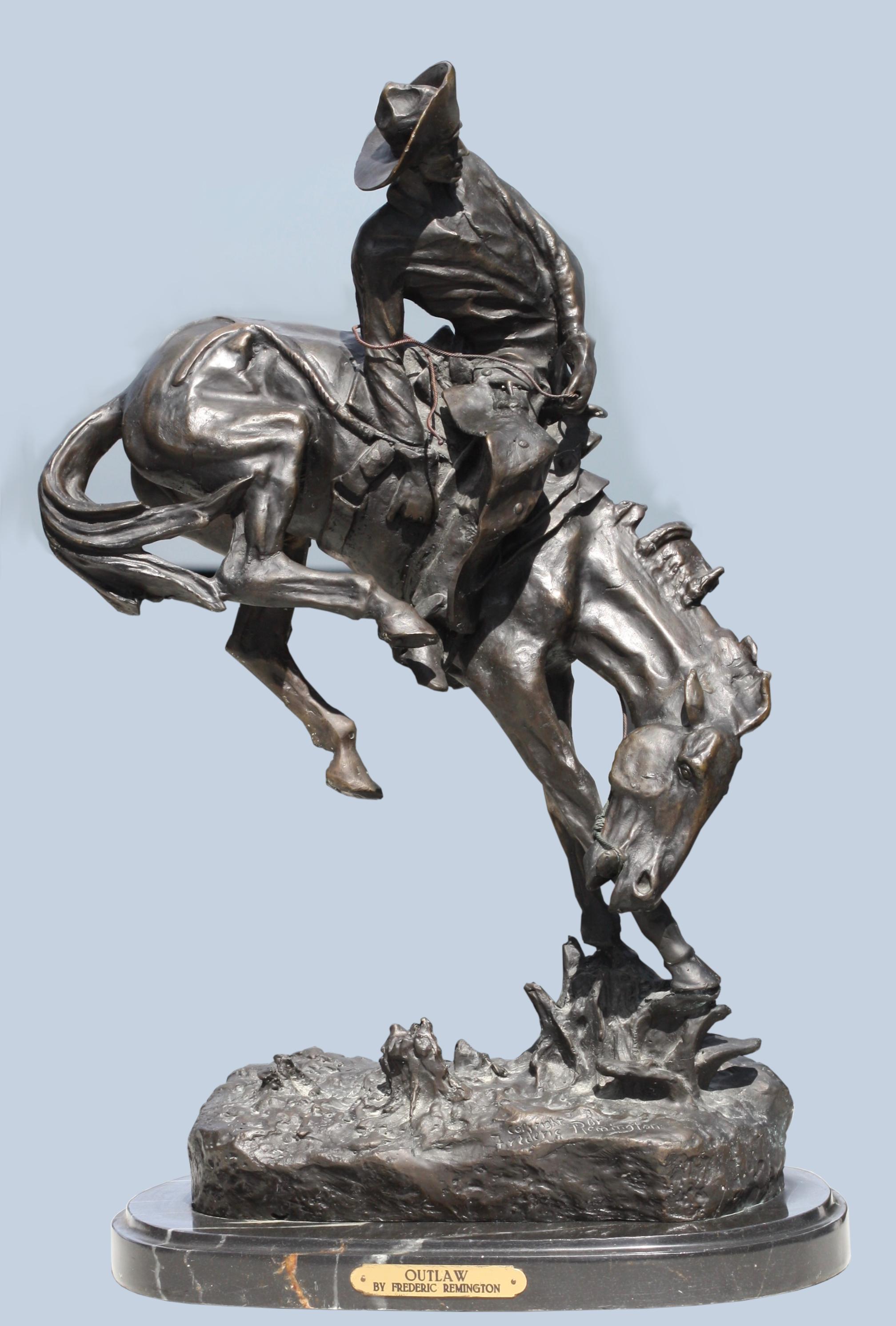 
After, Frederic Remington, (American, 1861-1909)
Outlaw, patinated bronze, on a marble base, originally modeled in 1906, and cast in 1913, inscribed on the base, Copyright by Frederic Remington, and impressed Dedicated to John Hay Secretary of