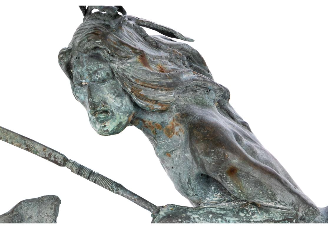 For Restoration. A rough cast of a Remington bronze with The Plains native American riding  a rearing horse as he wields his spear. On a faux marble base. All in a verdigris finish. 
Dimensions: L. 16