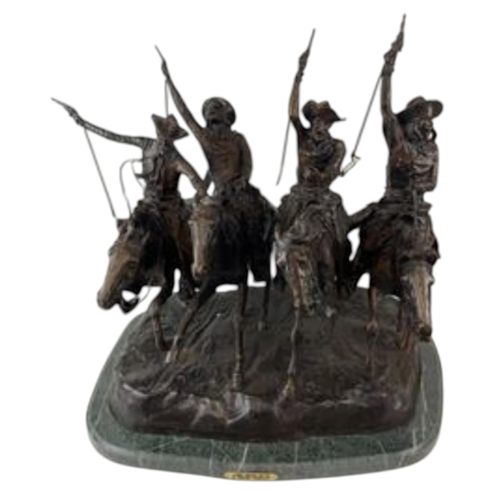 After Frederic Remington Large Bronze Statue Coming Thru the Rye, On Marble Base