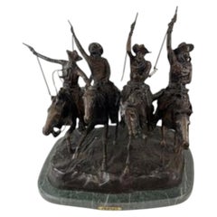 After Frederic Remington Large Bronze Statue Coming Thru the Rye, On Marble Base