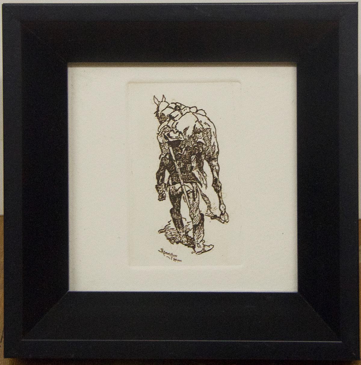 Four framed etchings by Frederic Remington 
All four frames measure 7 in x 7 in x 1.5 
Good condition
