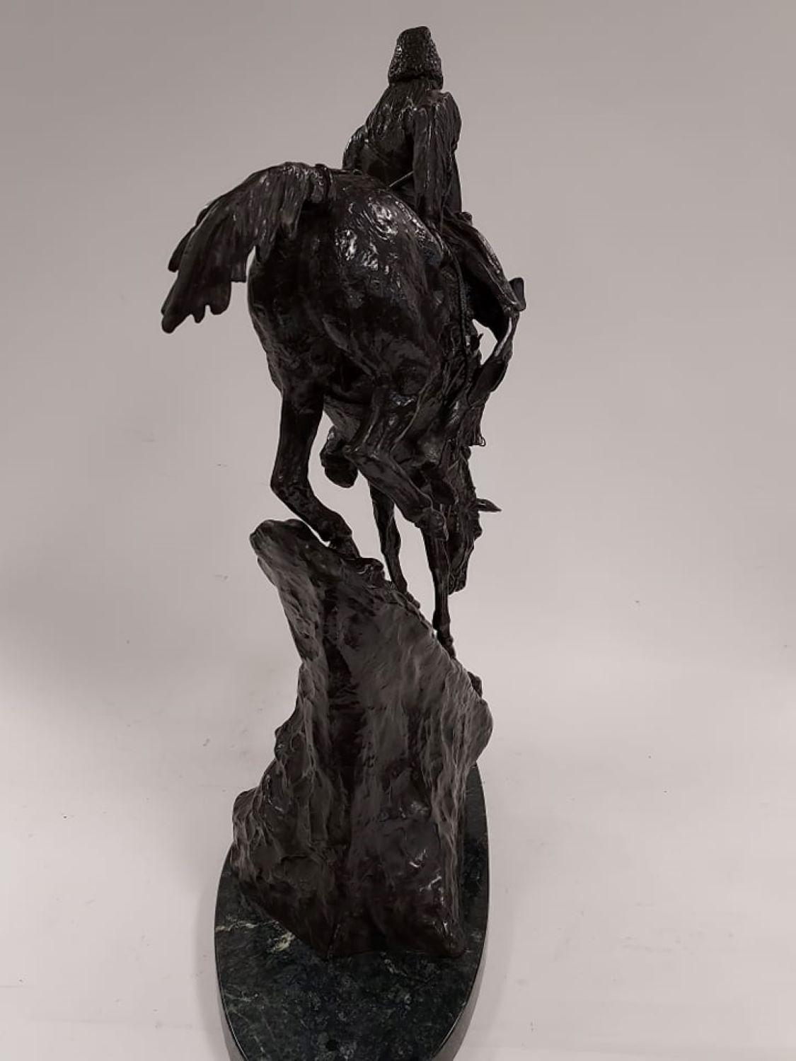 The Mountain Man After Remington 
Lost-wax casting Early recast bronze probably 1970 by Roman Bronze Works. 
Dimensions
28 7/8 x 12 1/4 x 11 in. On a marble pedestal
Signed, 