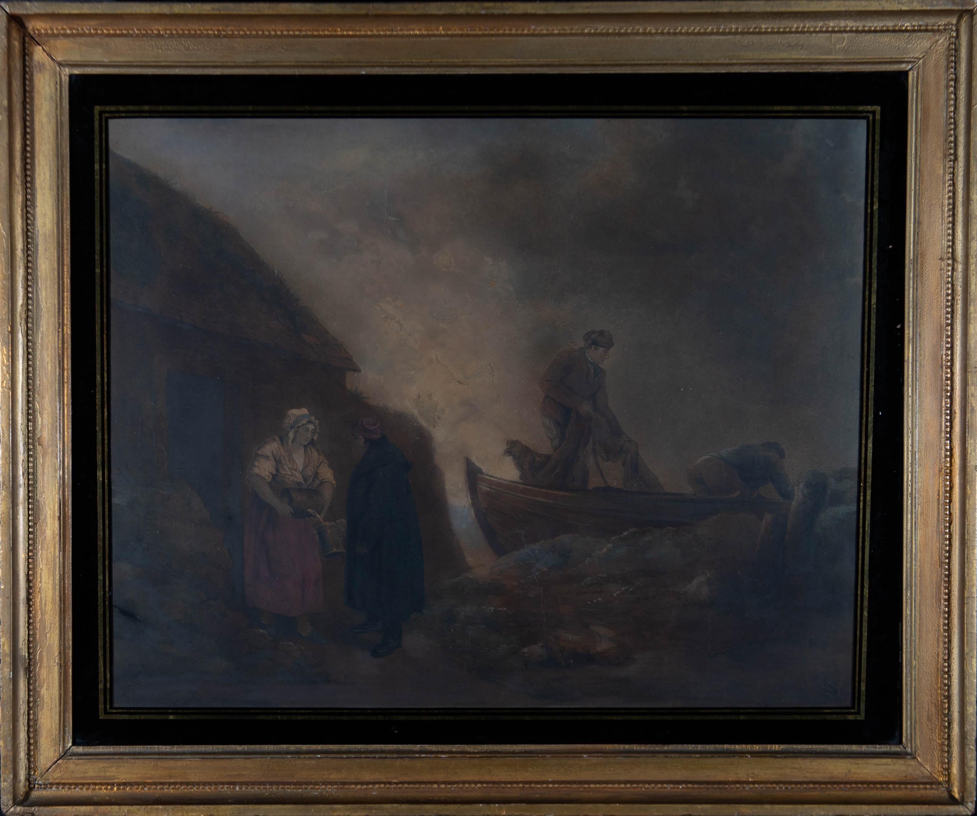 A mezzotint after George Morland (1763-1804) depicting fisherman on the coast. Presented in a verre eglomise mount and a distressed gilt-effect wooden frame. Unsigned. On wove.
